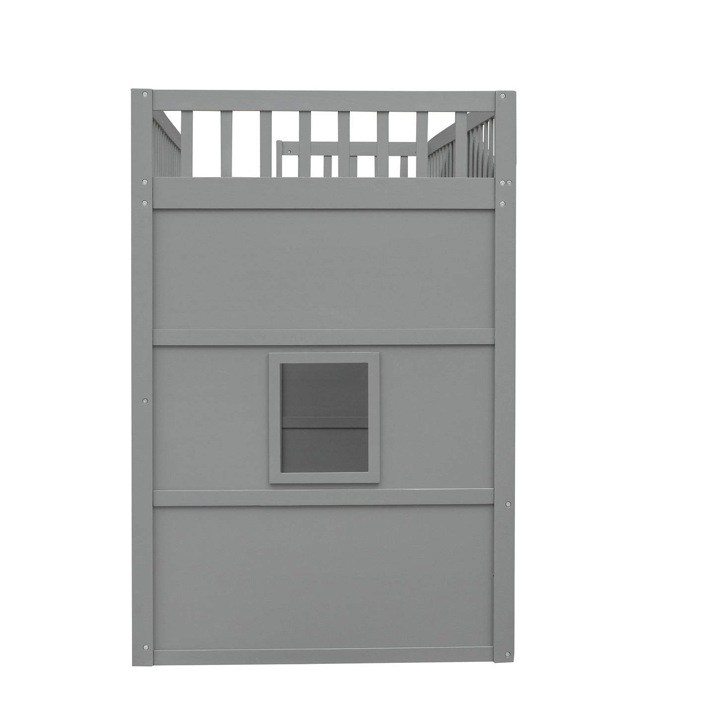 Gray wooden kids playhouse bed frame with window and railing