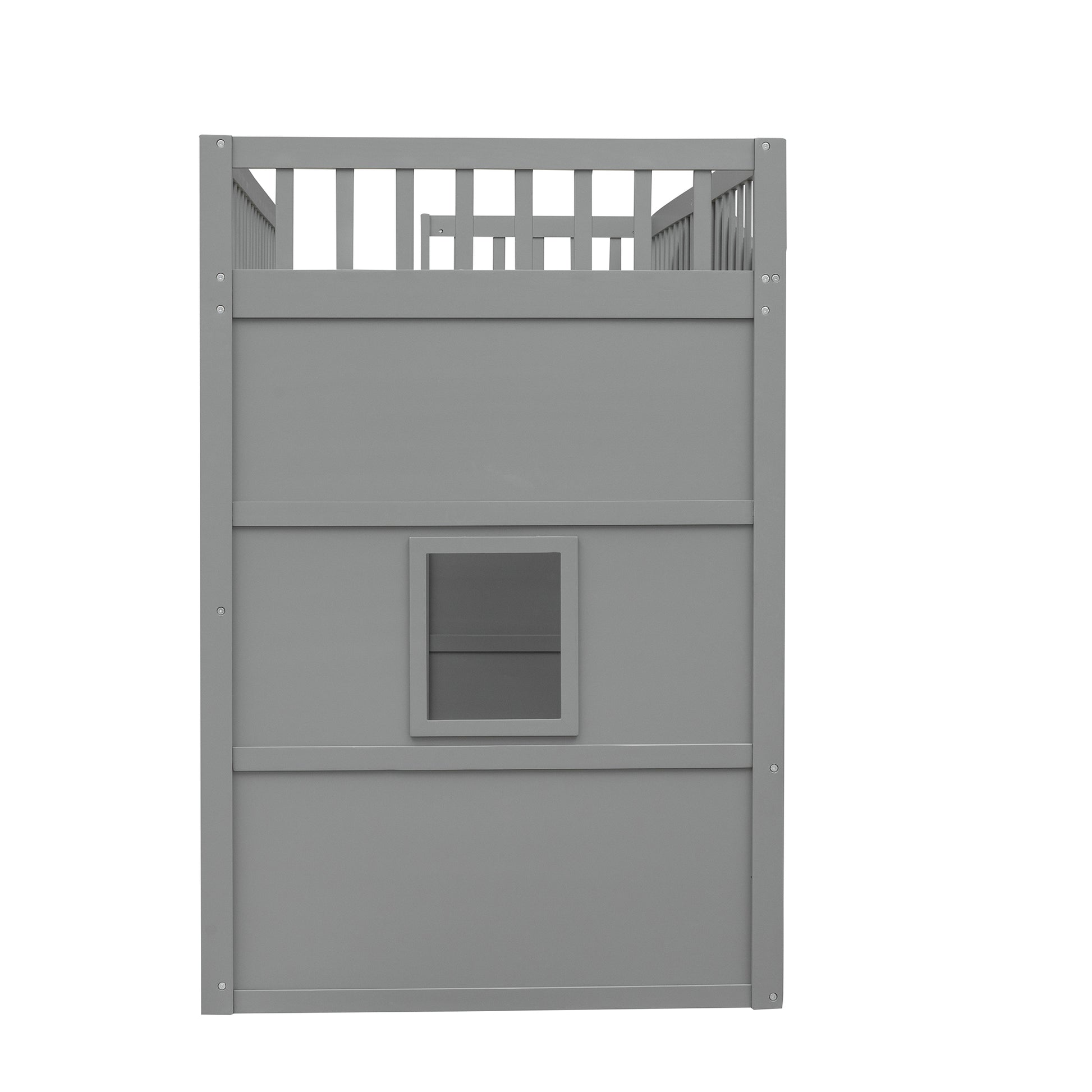 Gray wooden kids playhouse bed frame with window and railing