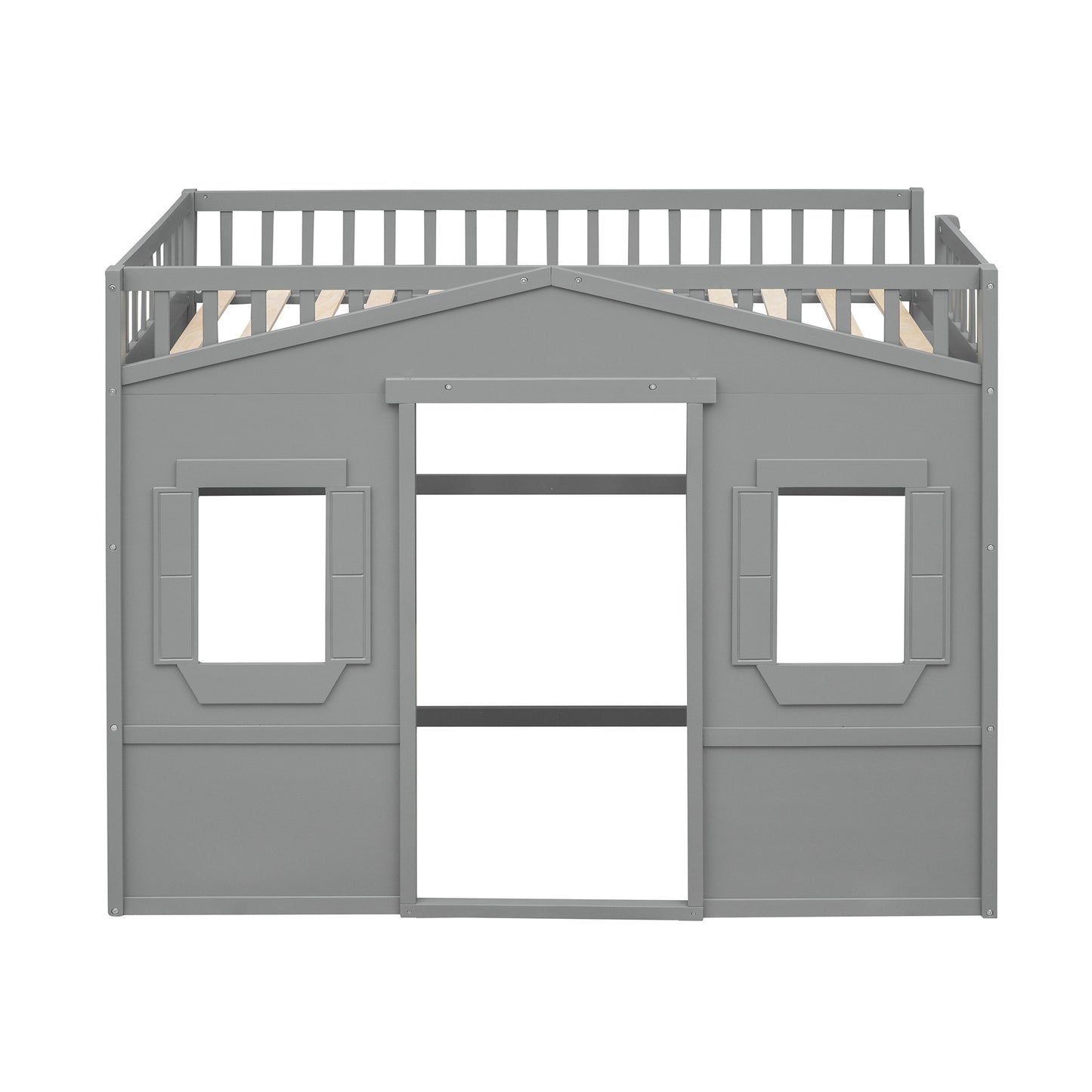 Gray wooden playhouse loft bed with slatted base