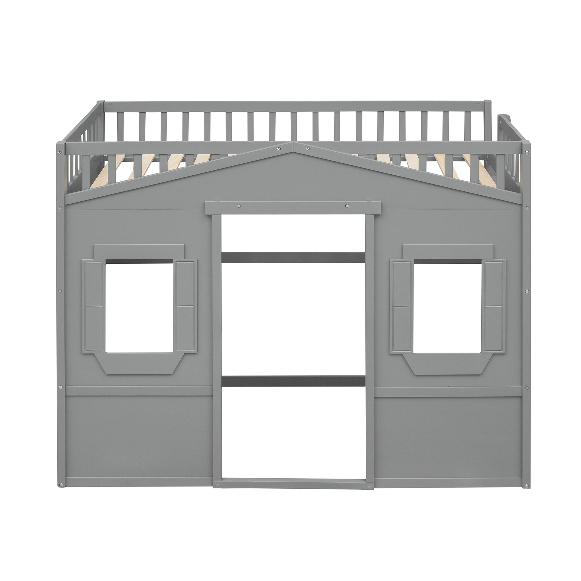 Gray wooden playhouse loft bed with slatted base