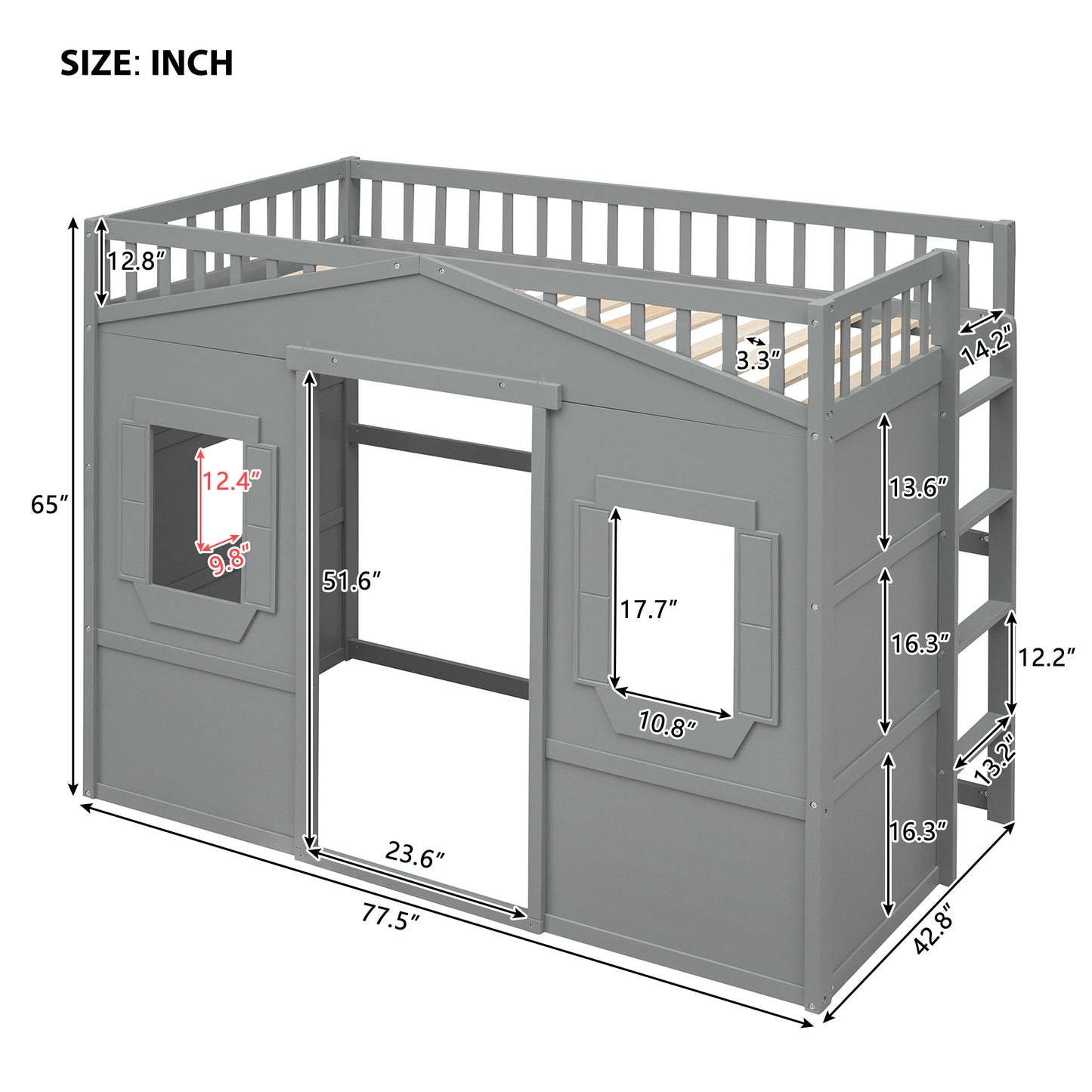 Gray wooden loft bed with houseshaped frame and ladder for children  x  x