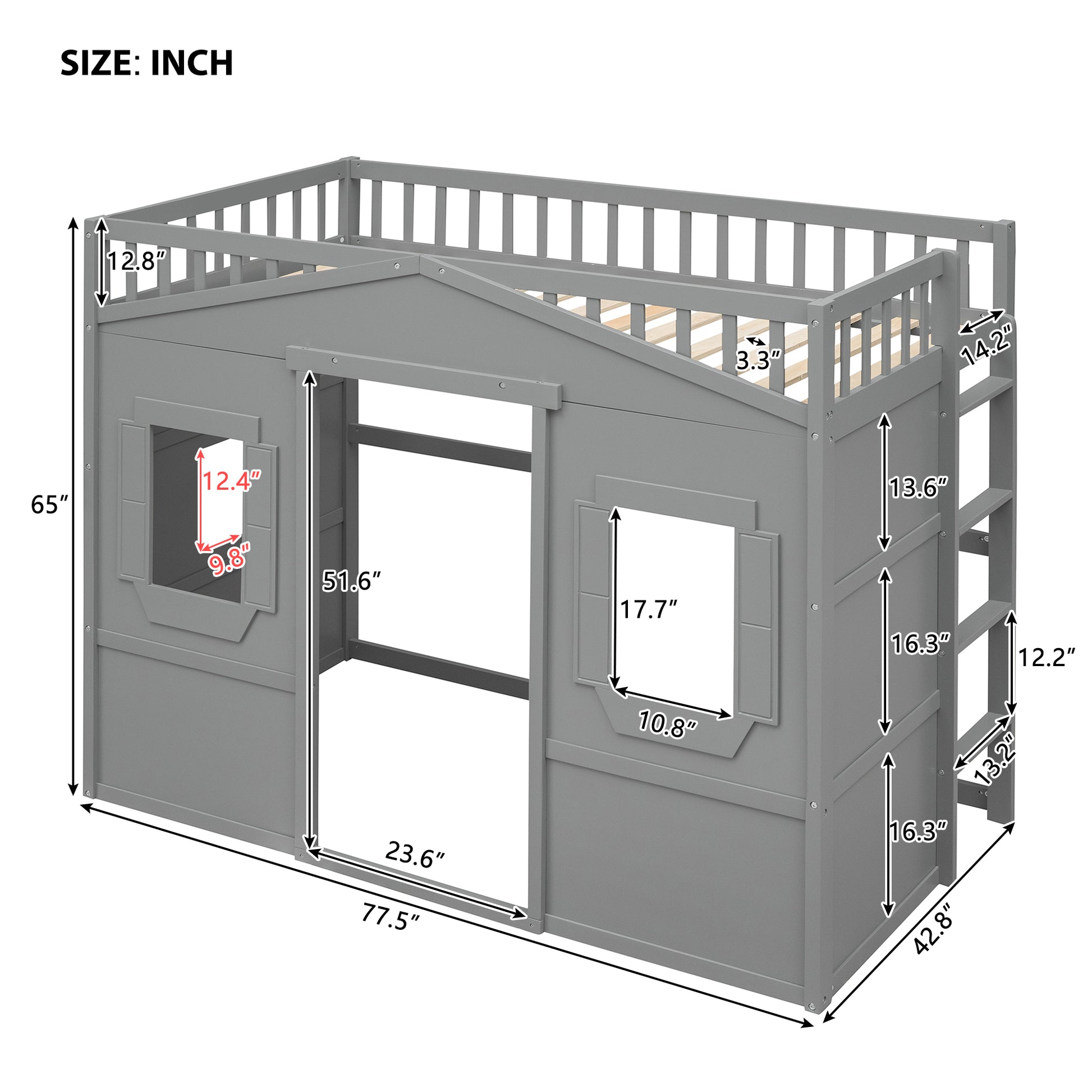 Gray wooden loft bed with houseshaped frame and ladder for children  x  x