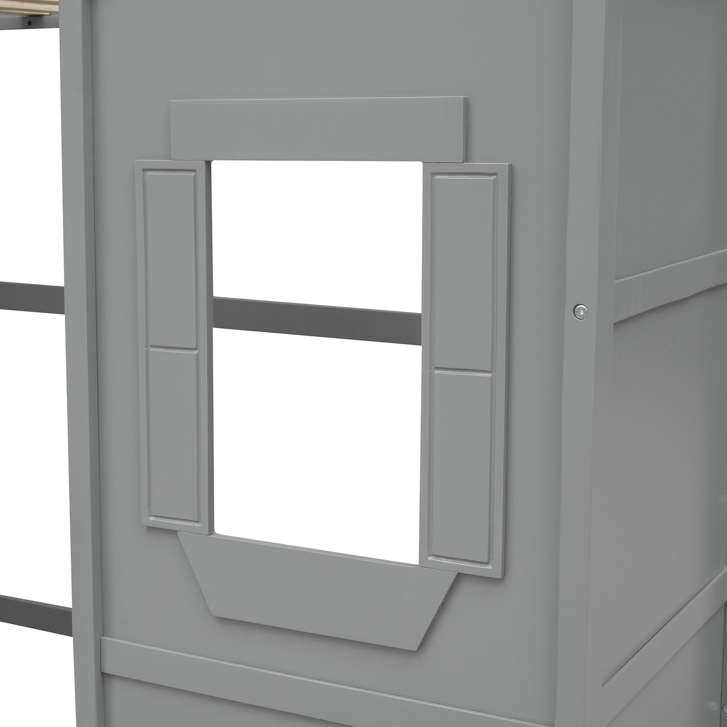 Gray wooden loft bed with a faux window detail