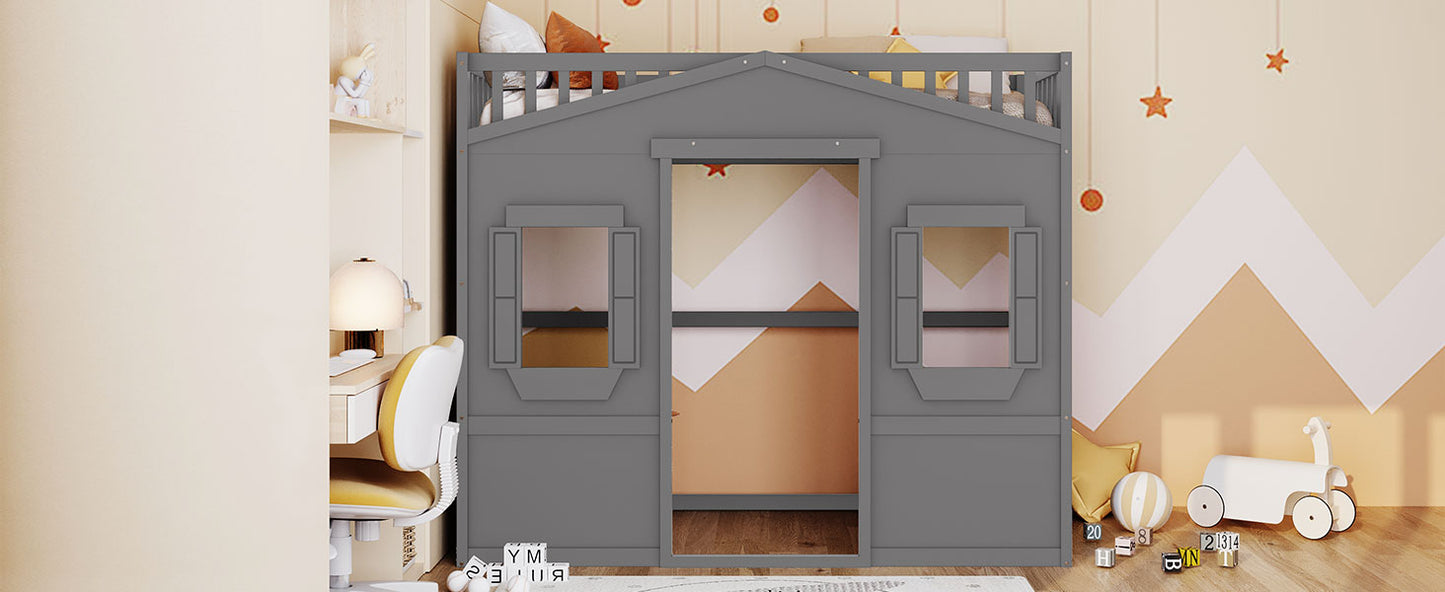 Grey wooden twin loft bed designed like a house with windows and a railing