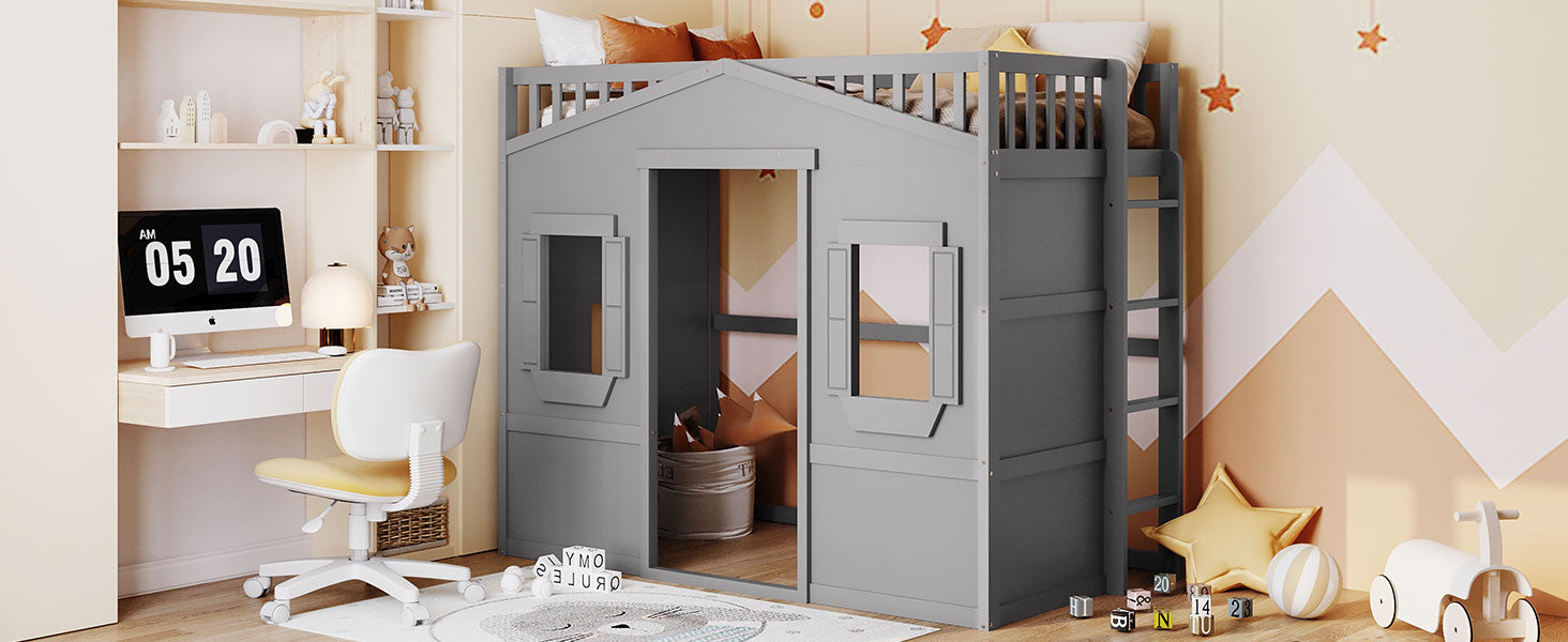 Gray wooden house loft bed with ladder perfect for kids bedroom