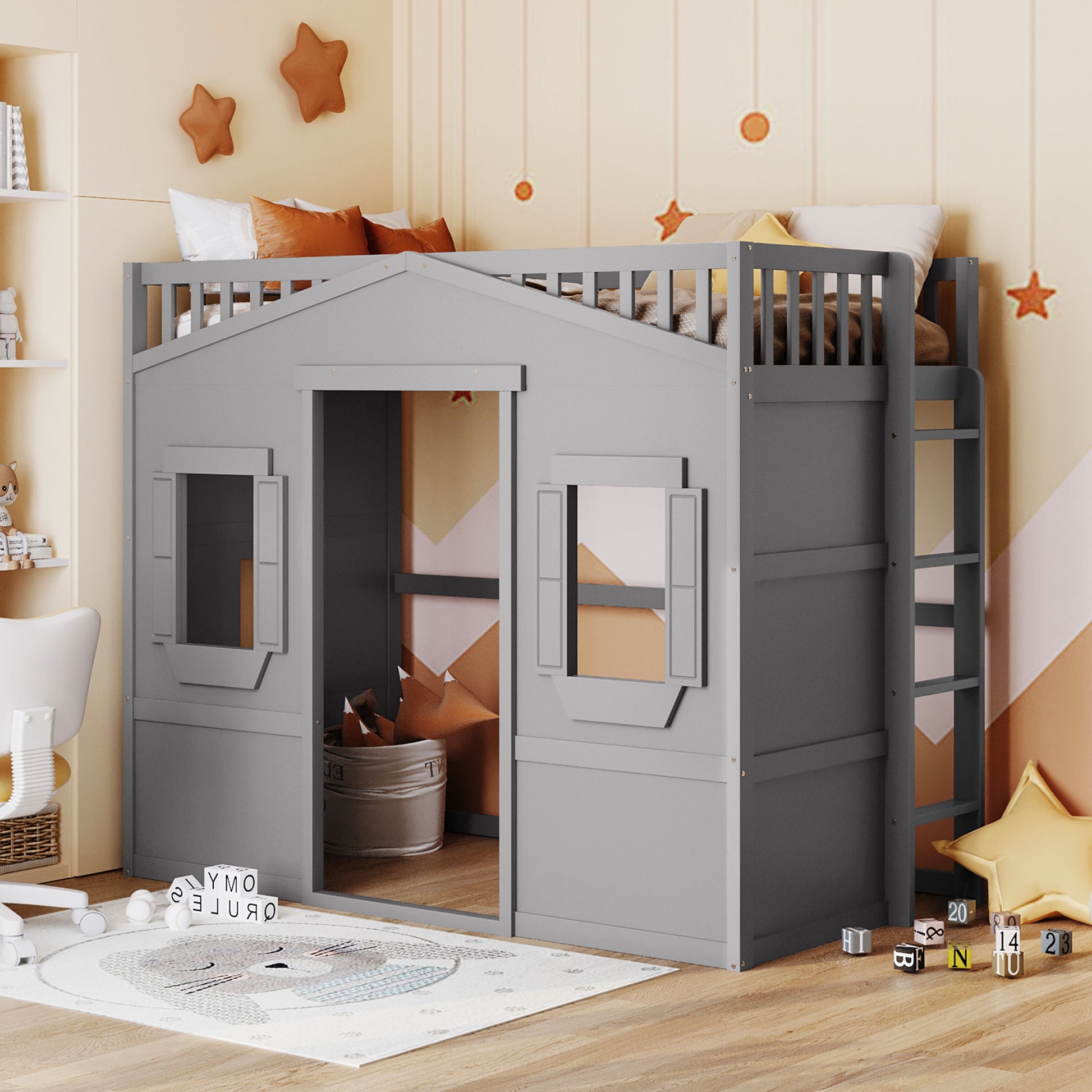Gray wooden house loft bed with windows and ladder for kids playroom