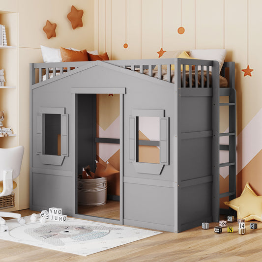 Gray wooden house loft bed with windows and ladder for kids playroom
