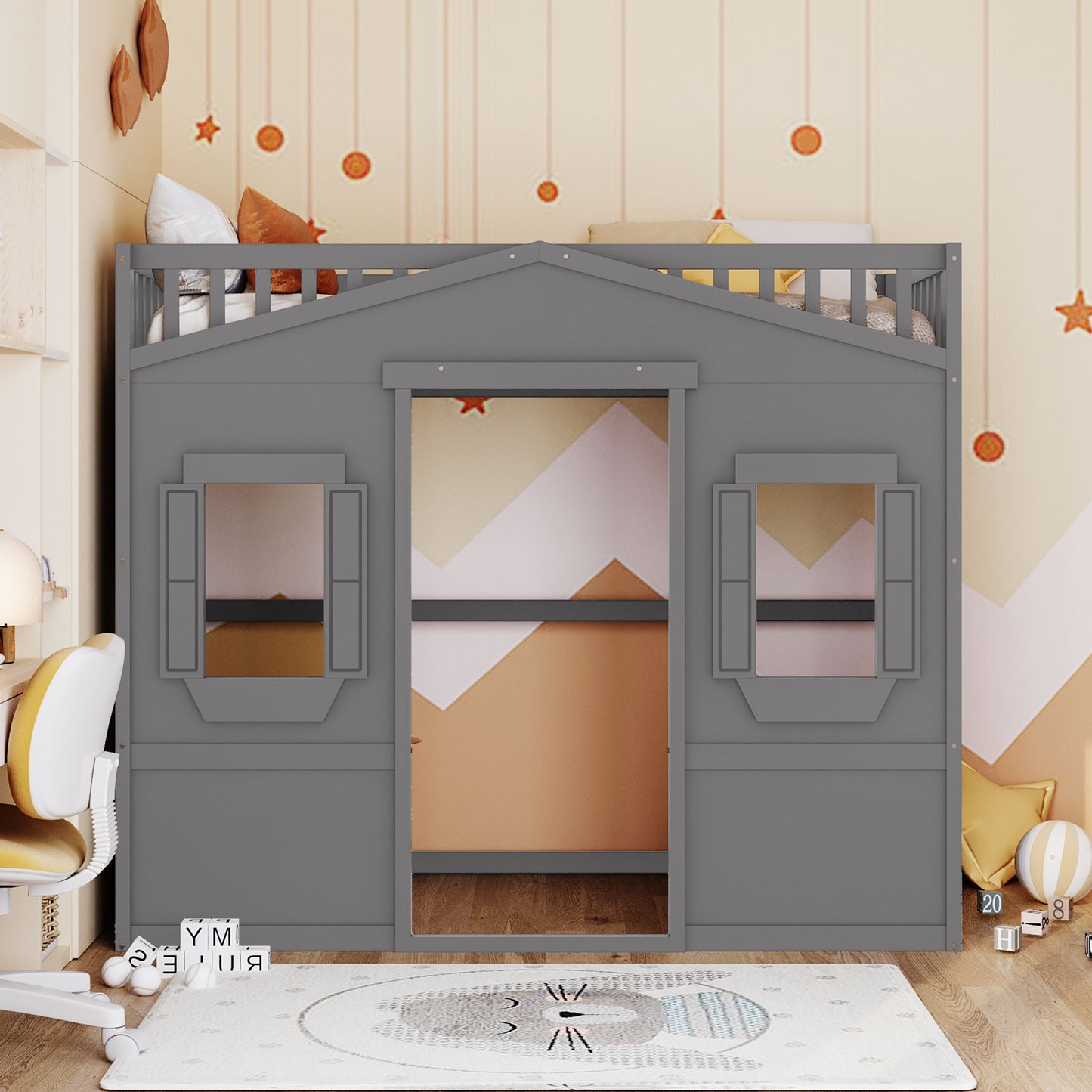 Gray wooden playhouse loft bed with windows and open front