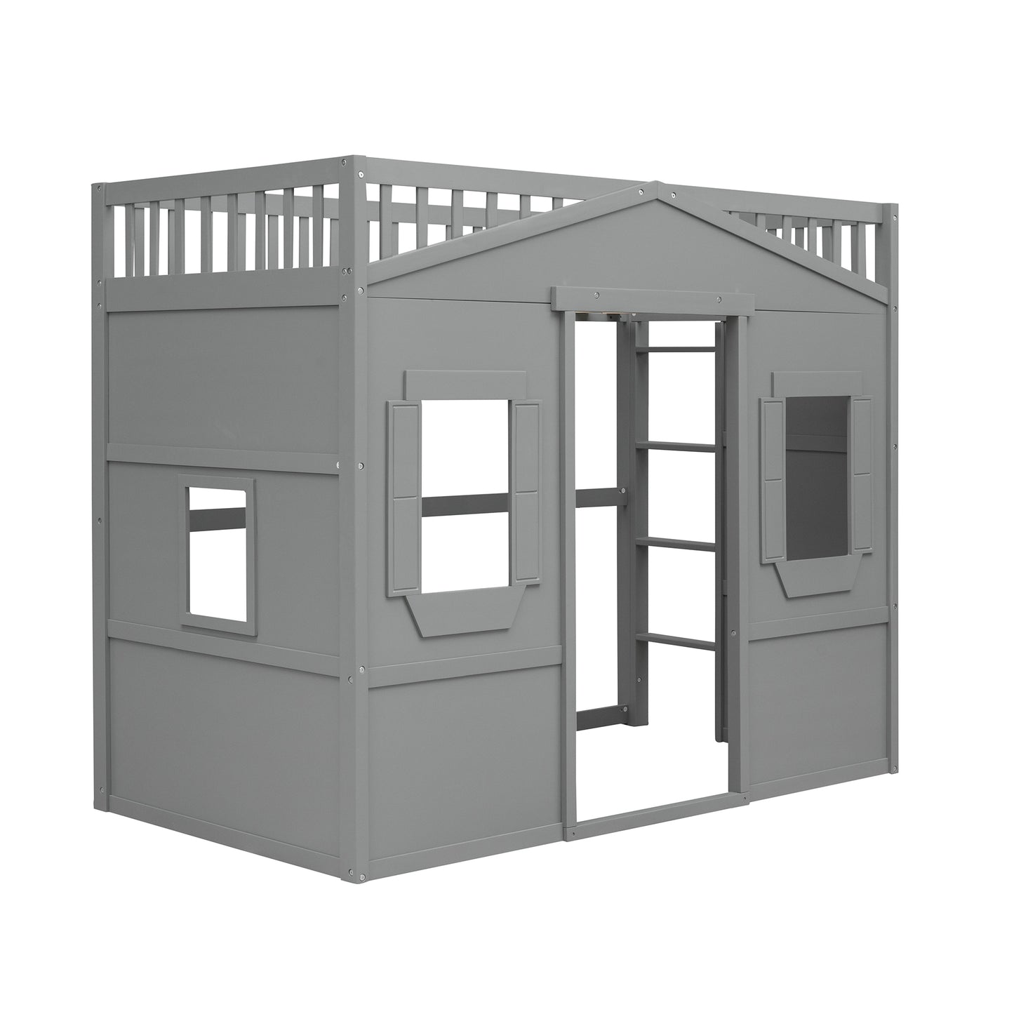 Grey wooden playhouse loft bed with ladder and railing