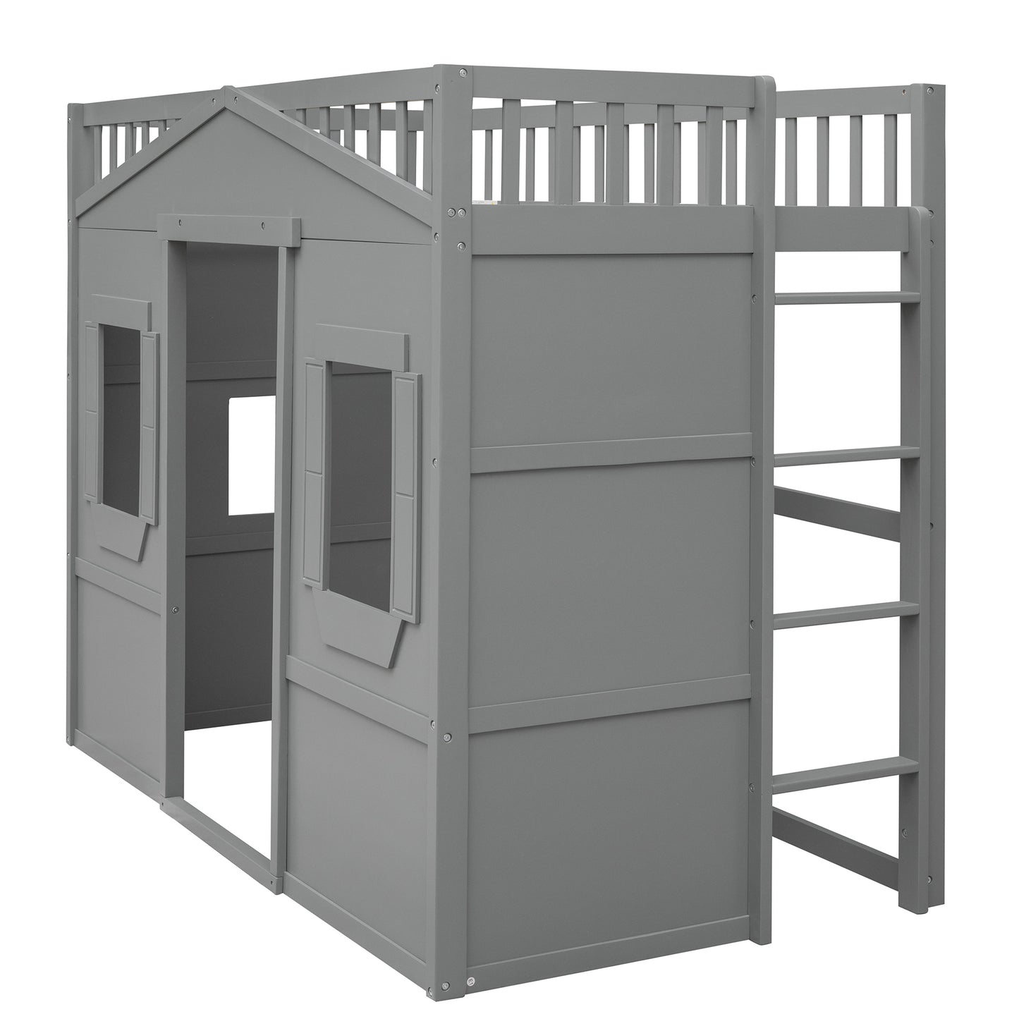 Gray wooden loft bed with houseshaped front and ladder