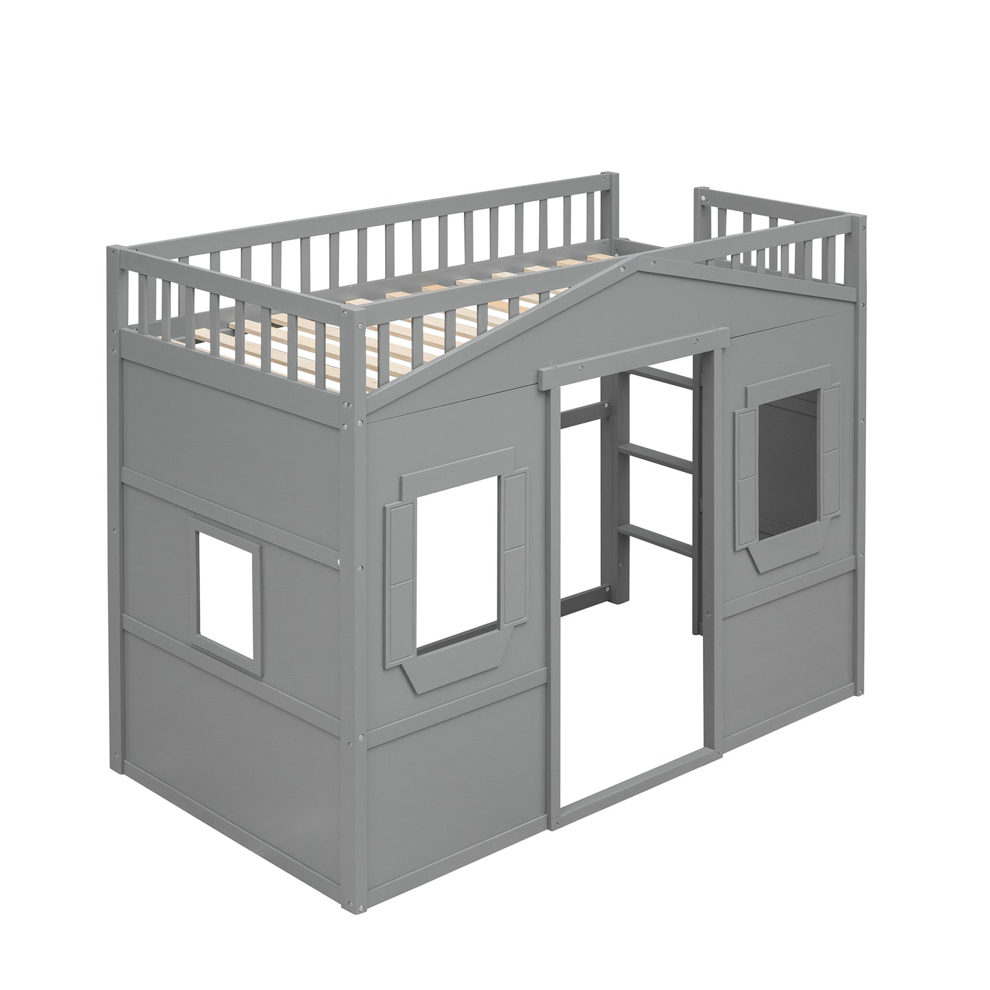 Gray wooden twin loft bed with playful house design and railings