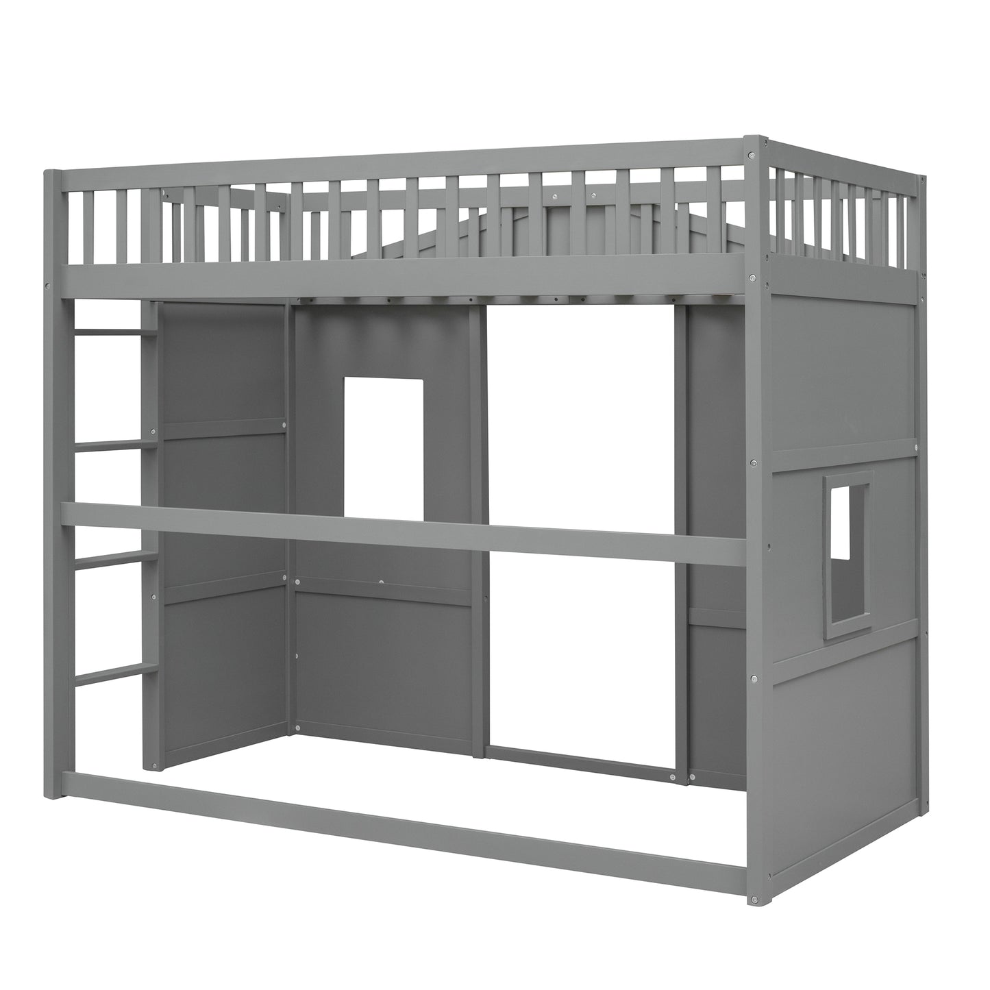 Gray wooden loft bed with ladder and playhouse enclosure