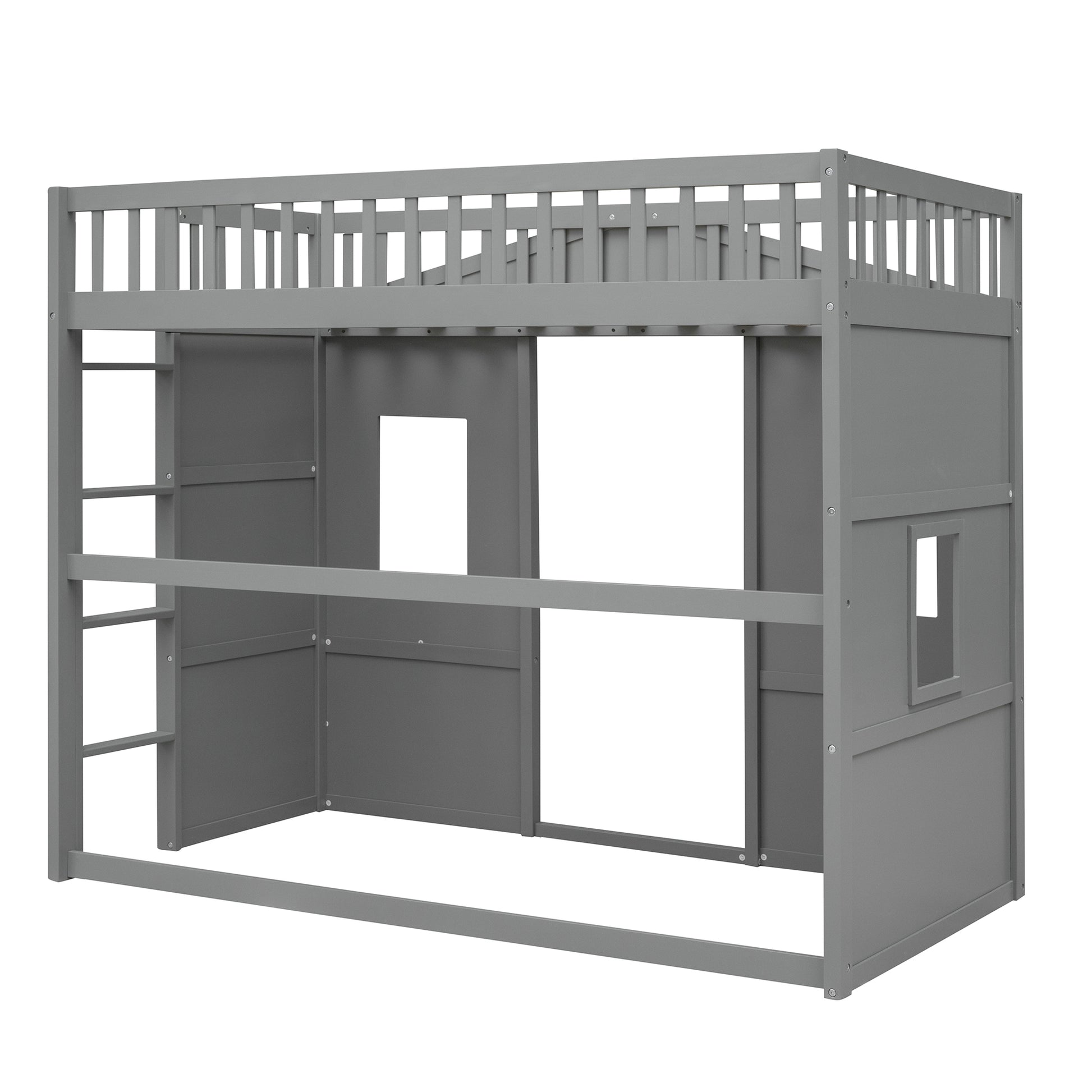 Gray wooden loft bed with ladder and playhouse enclosure