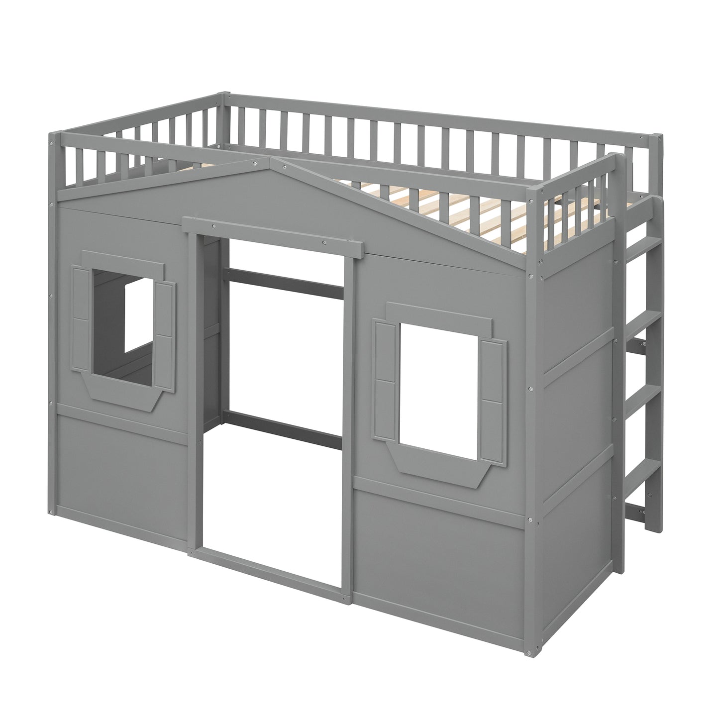 Gray wooden loft bed with a houseshaped frame and builtin ladder
