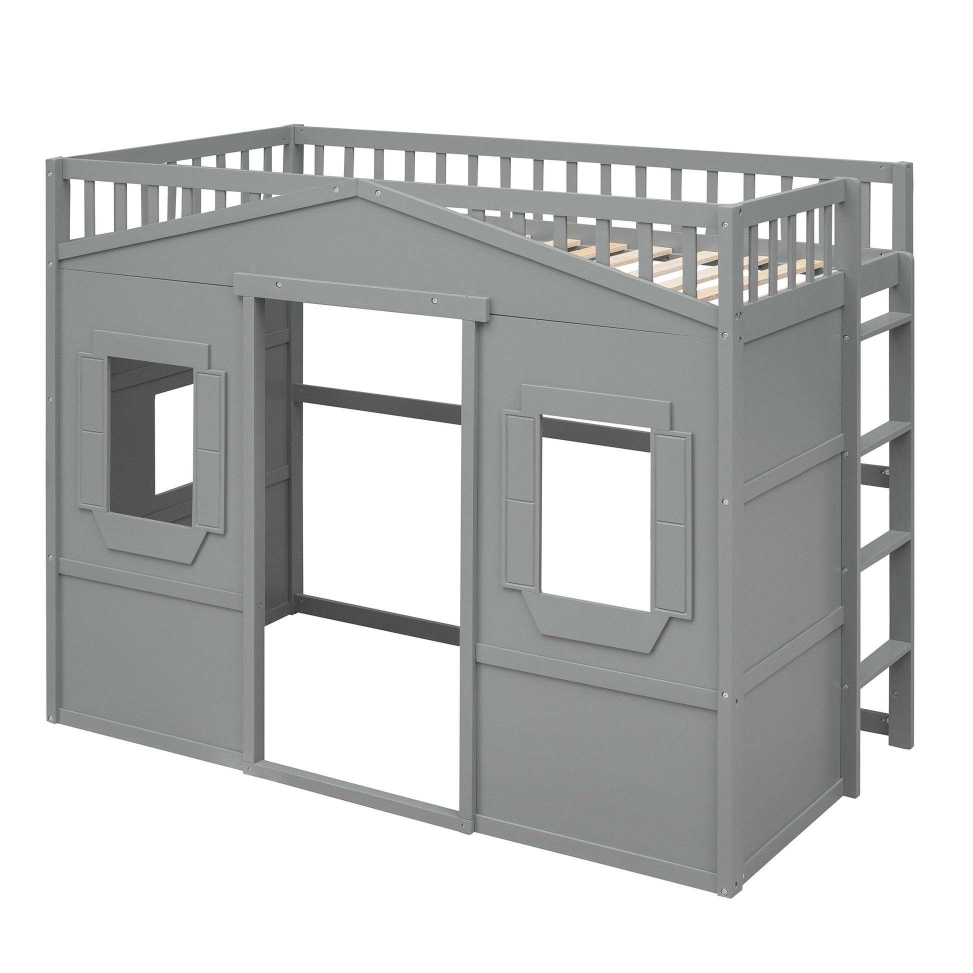 Gray wooden house loft bed with ladder and window details for kids
