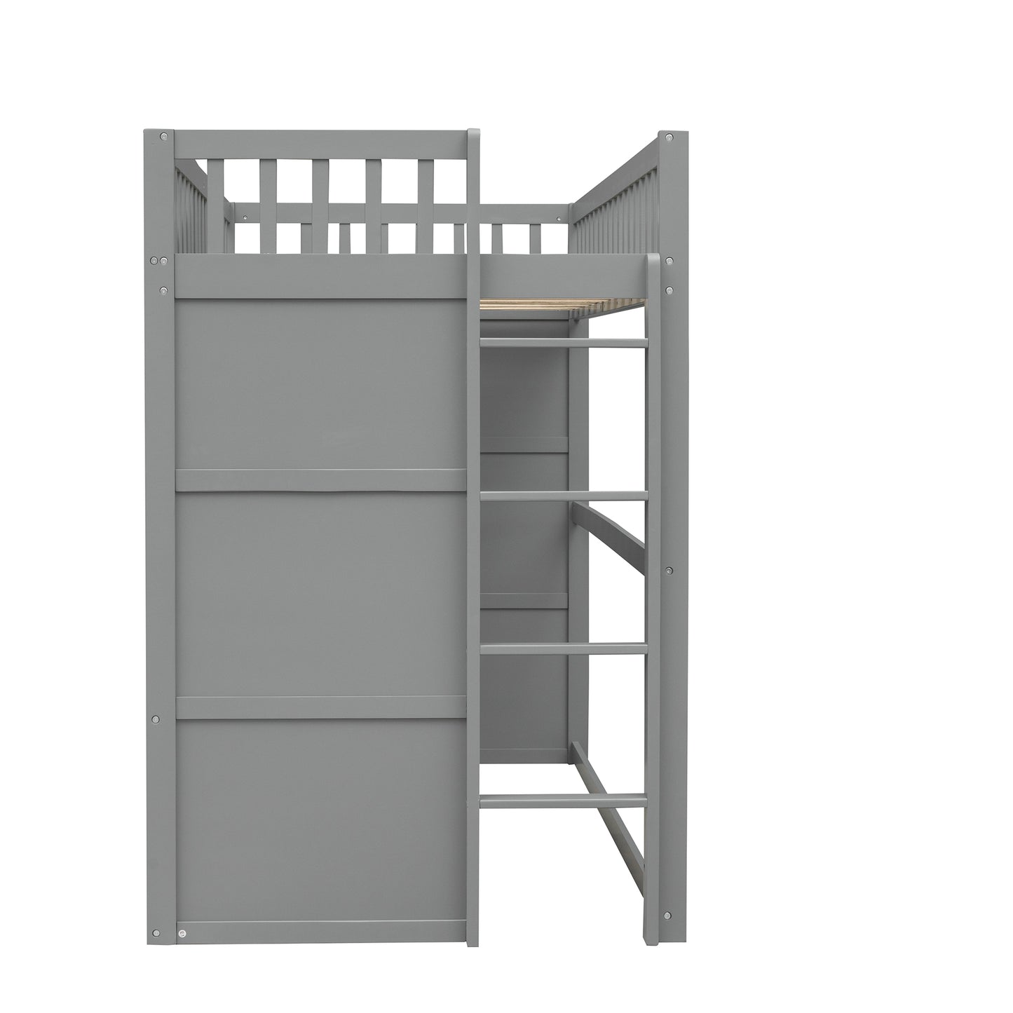 Gray wooden loft bed with ladder and safety rails