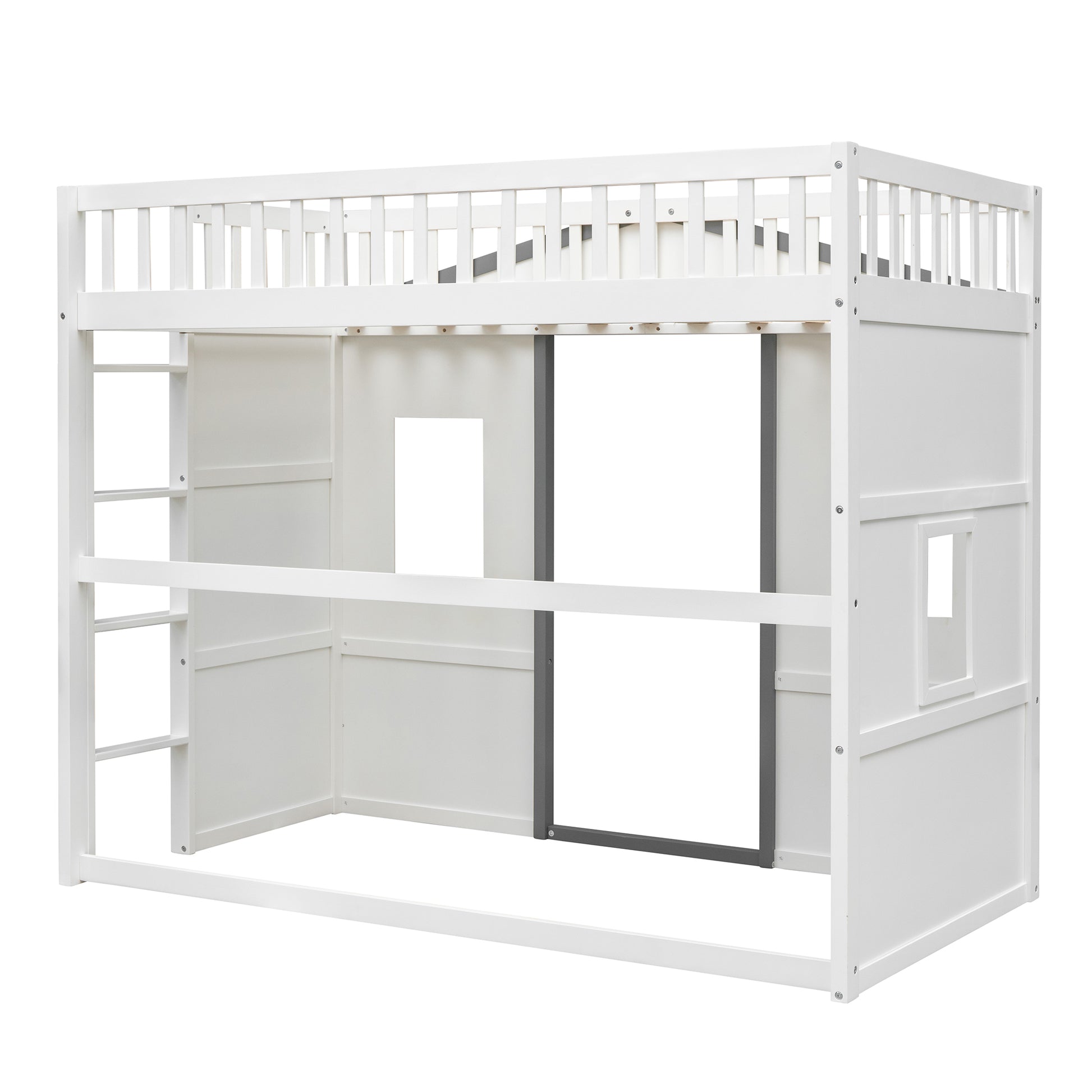 White wooden loft bed with ladder and playhouse features