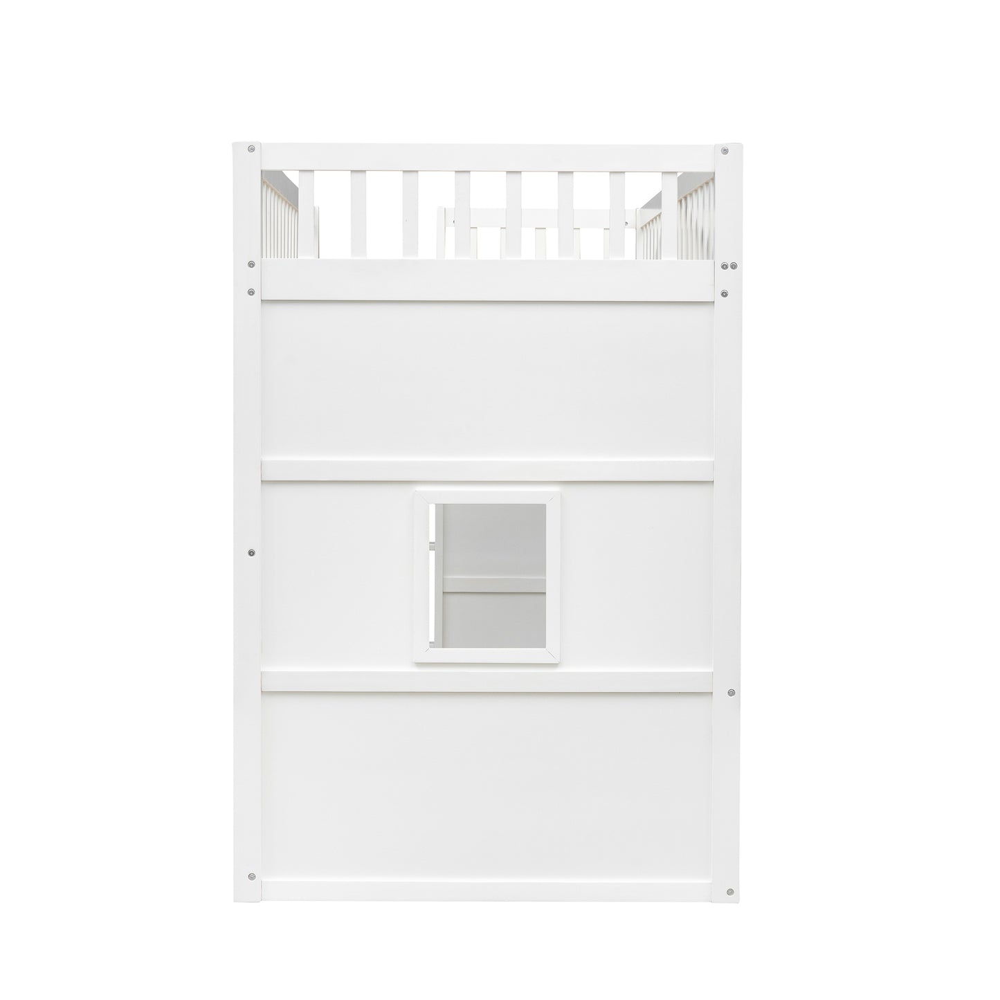 White wooden loft bed frame with safety rail and small window cutout