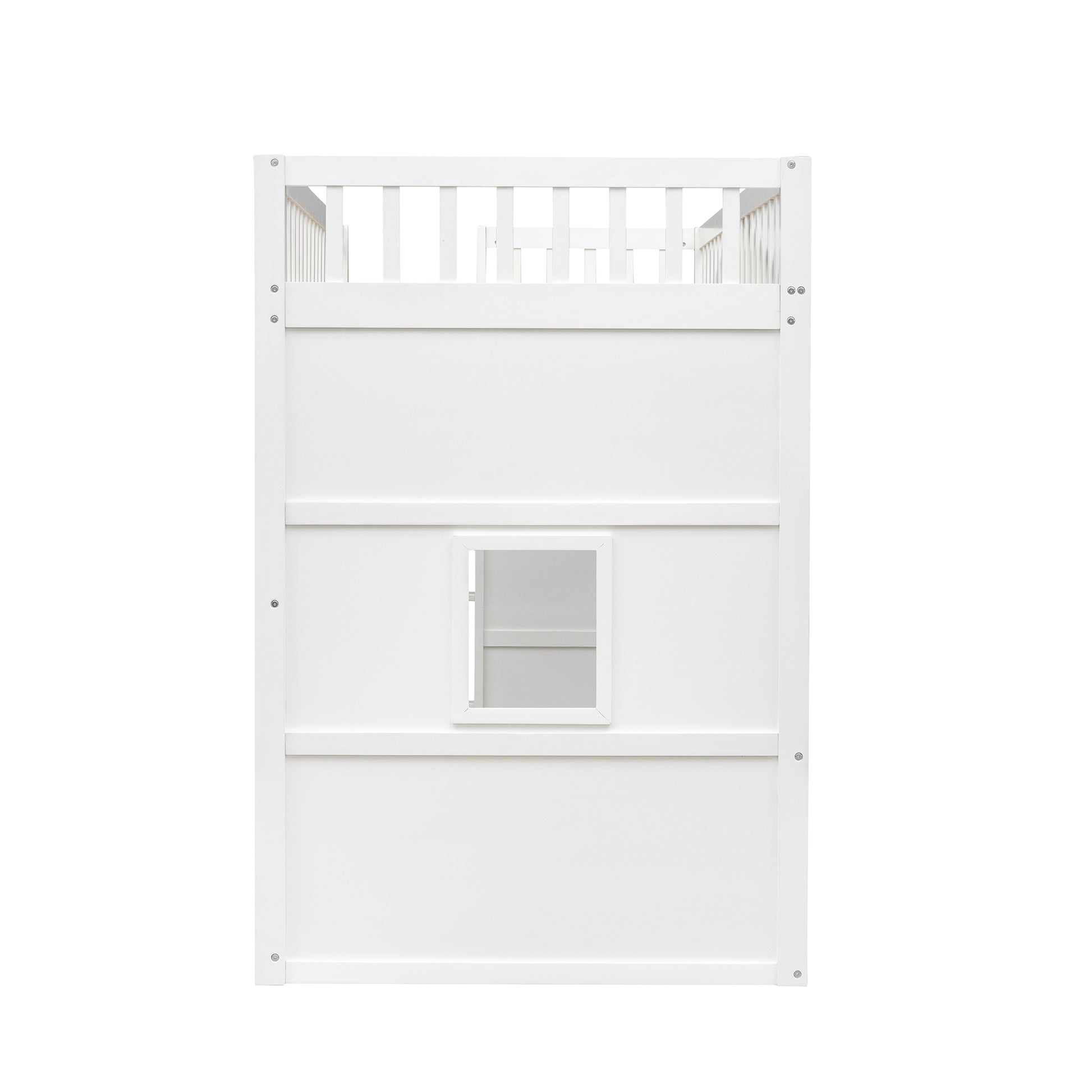 White wooden loft bed frame with safety rail and small window cutout