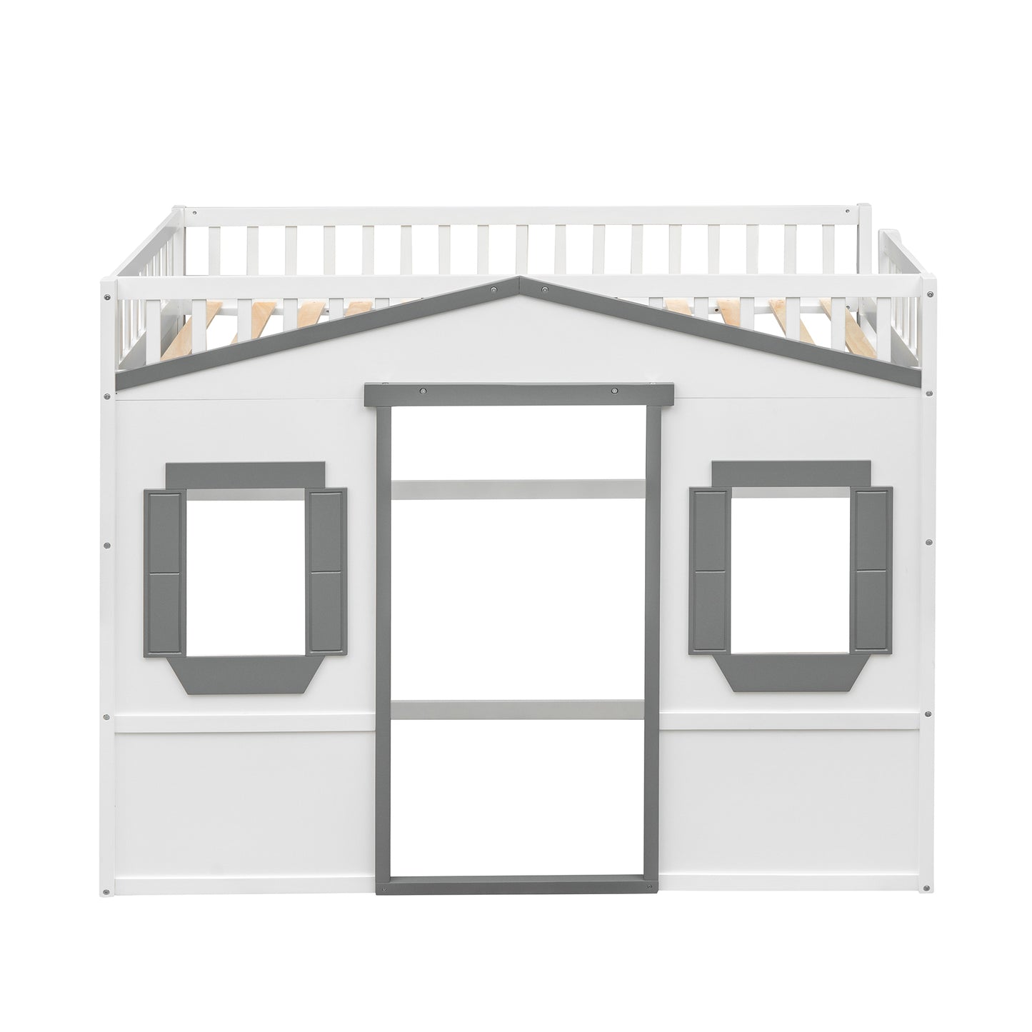 White and gray wooden twin loft bed with houseshaped facade and playful windows