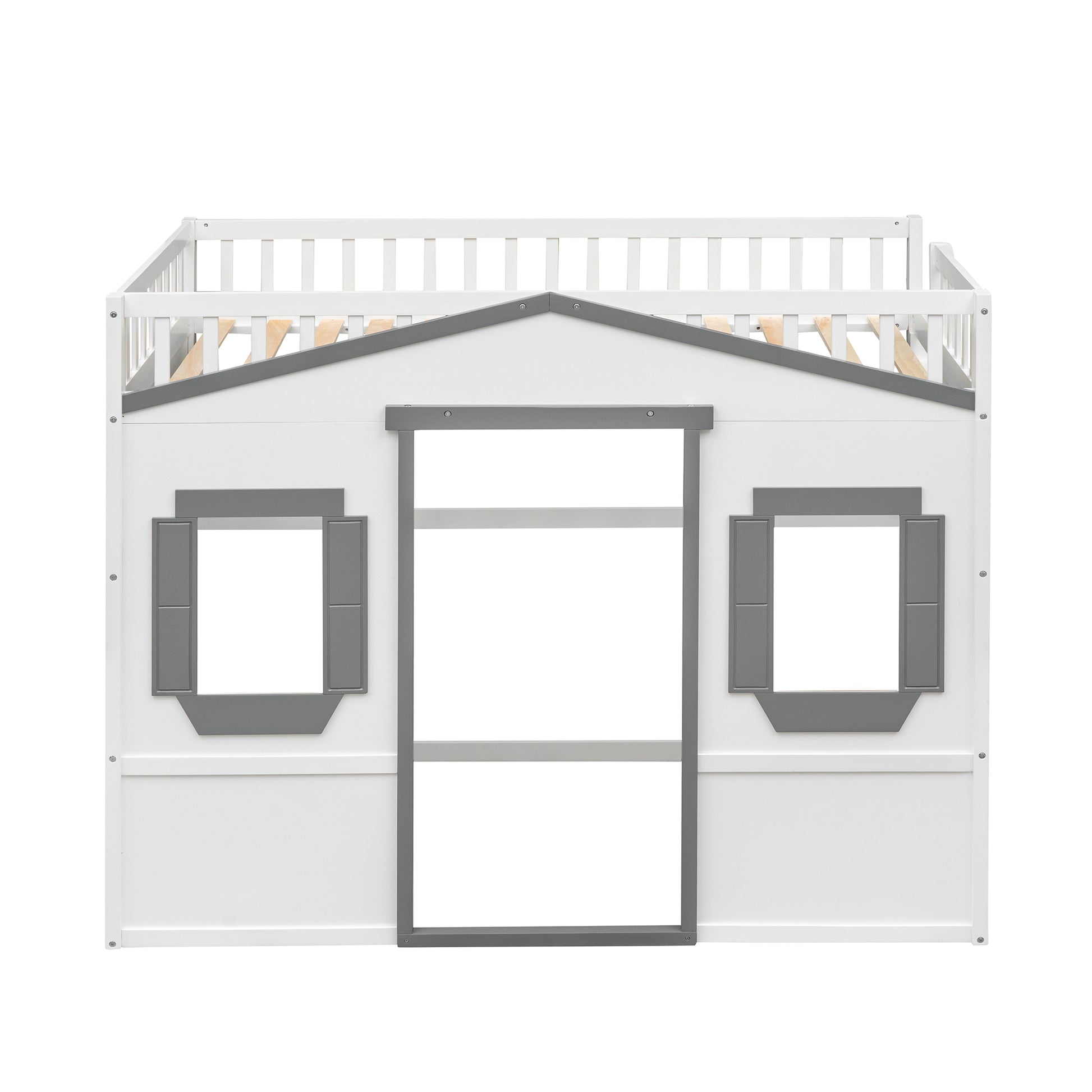 White and gray wooden twin loft bed with houseshaped facade and playful windows