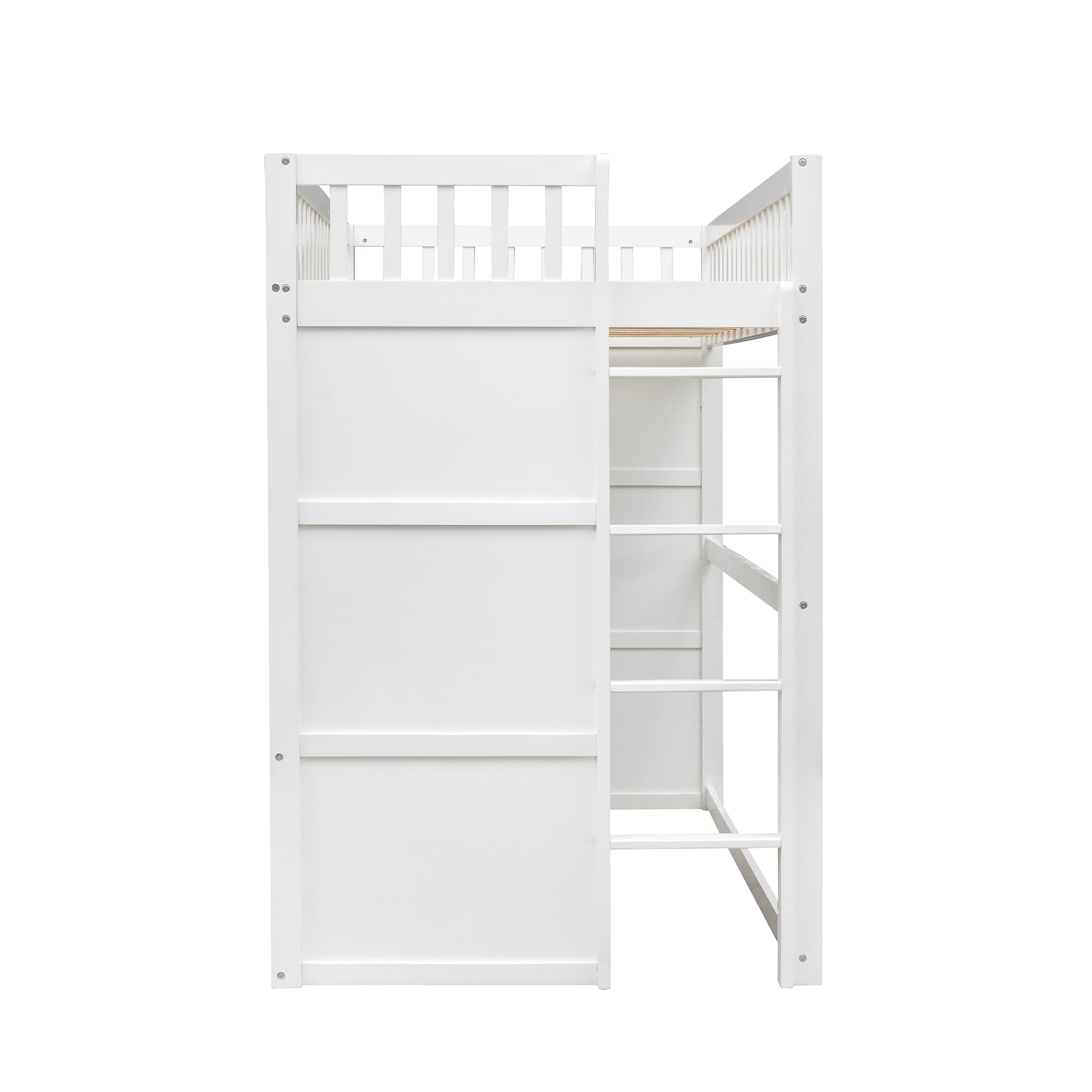 White wooden loft bed with safety rails and integrated ladder