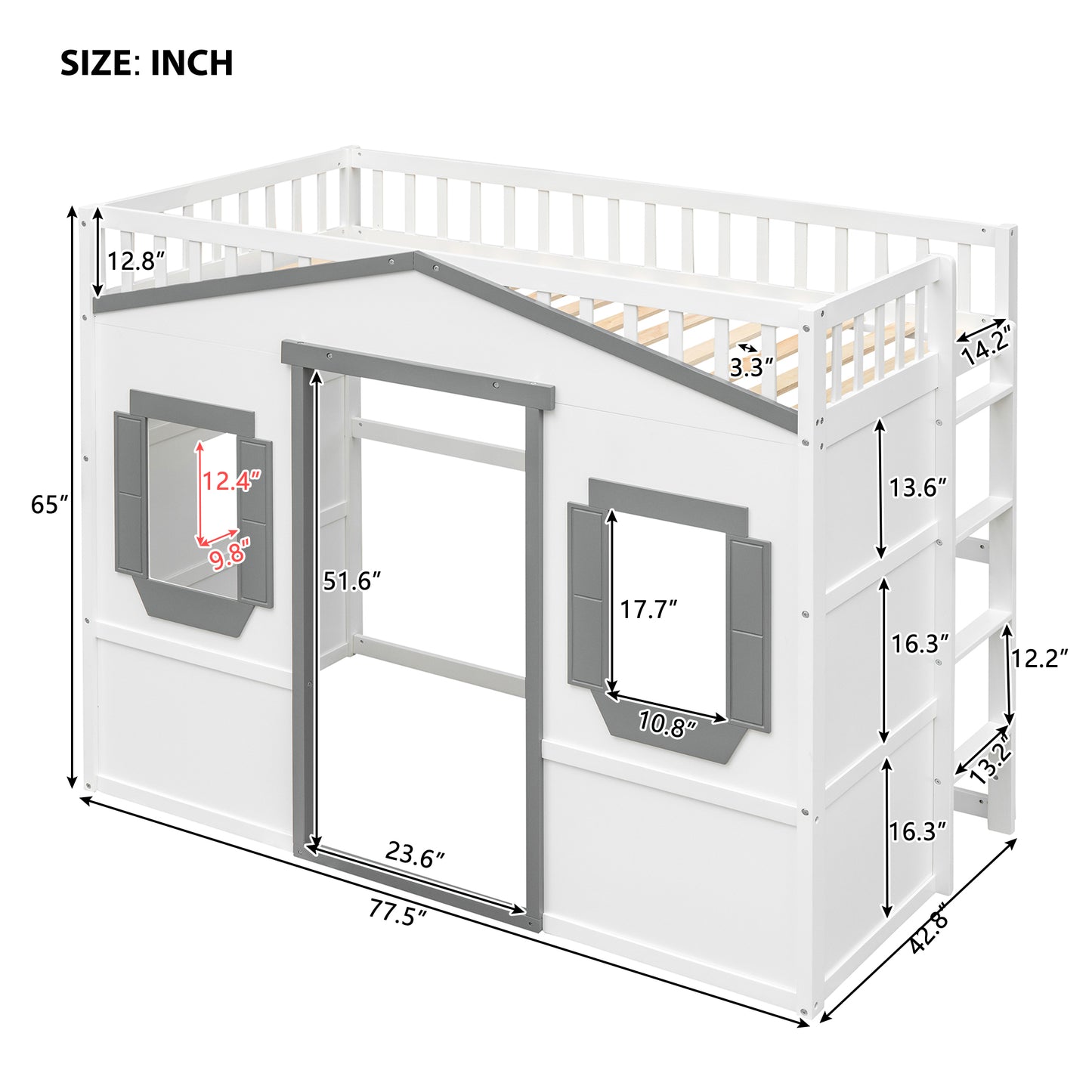 White wooden twin loft bed with ladder and playful house design
