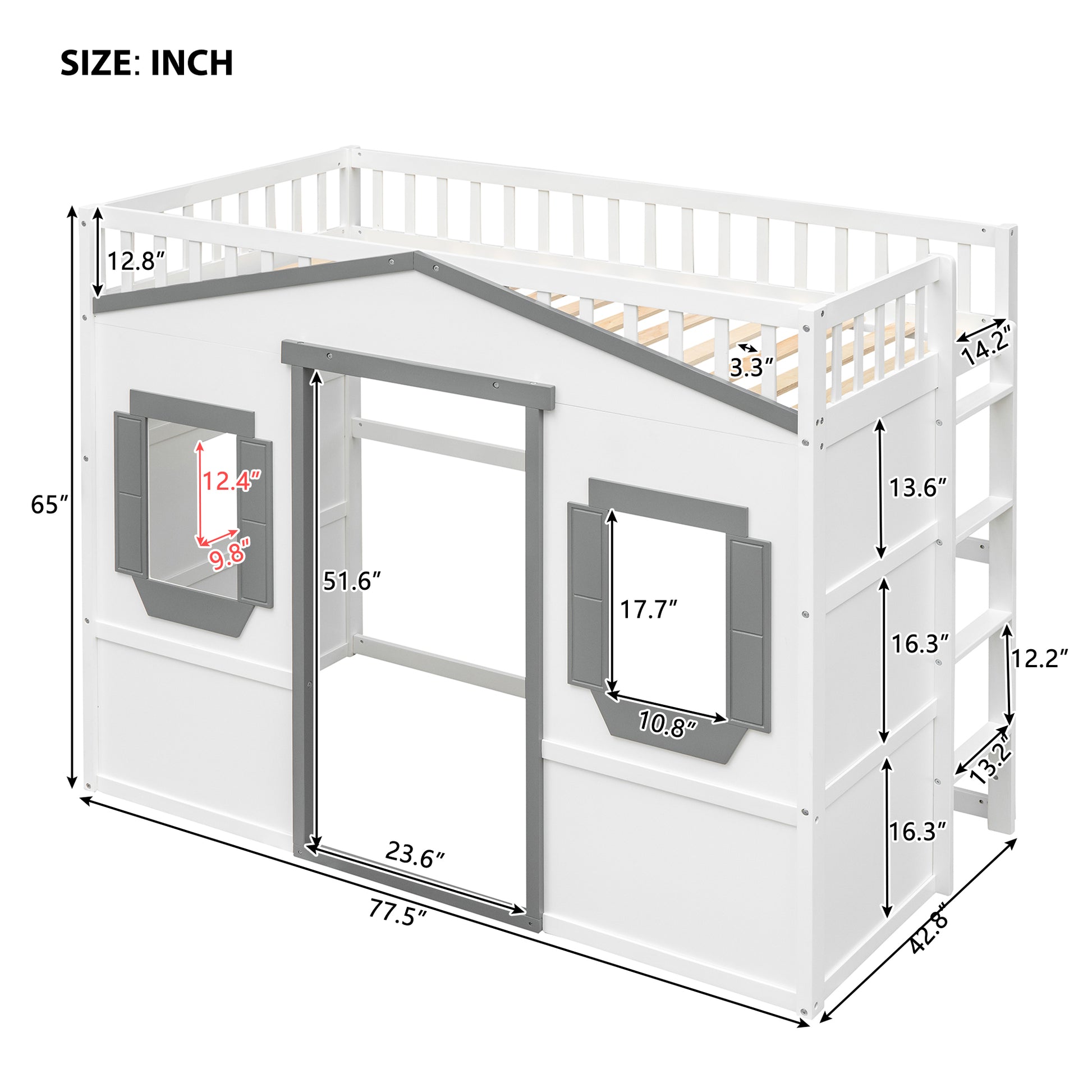 White wooden twin loft bed with ladder and playful house design
