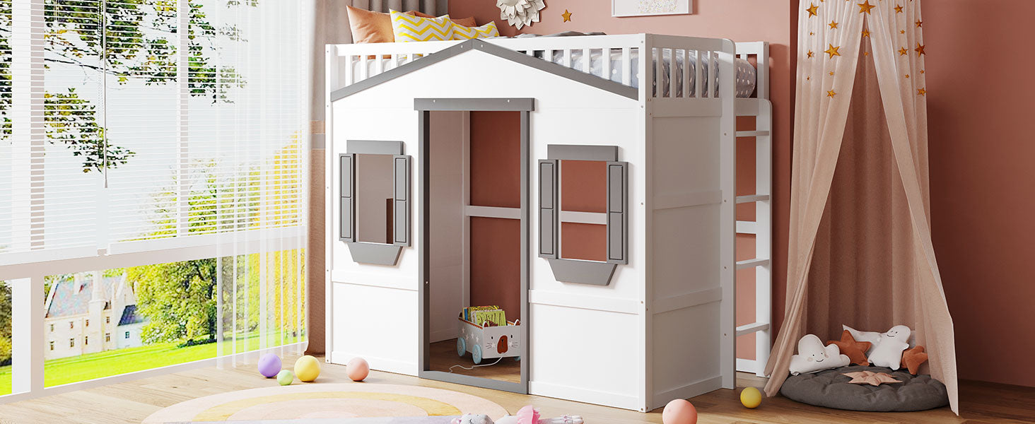 White wooden loft bed with a houseshaped front perfect for kids bedrooms