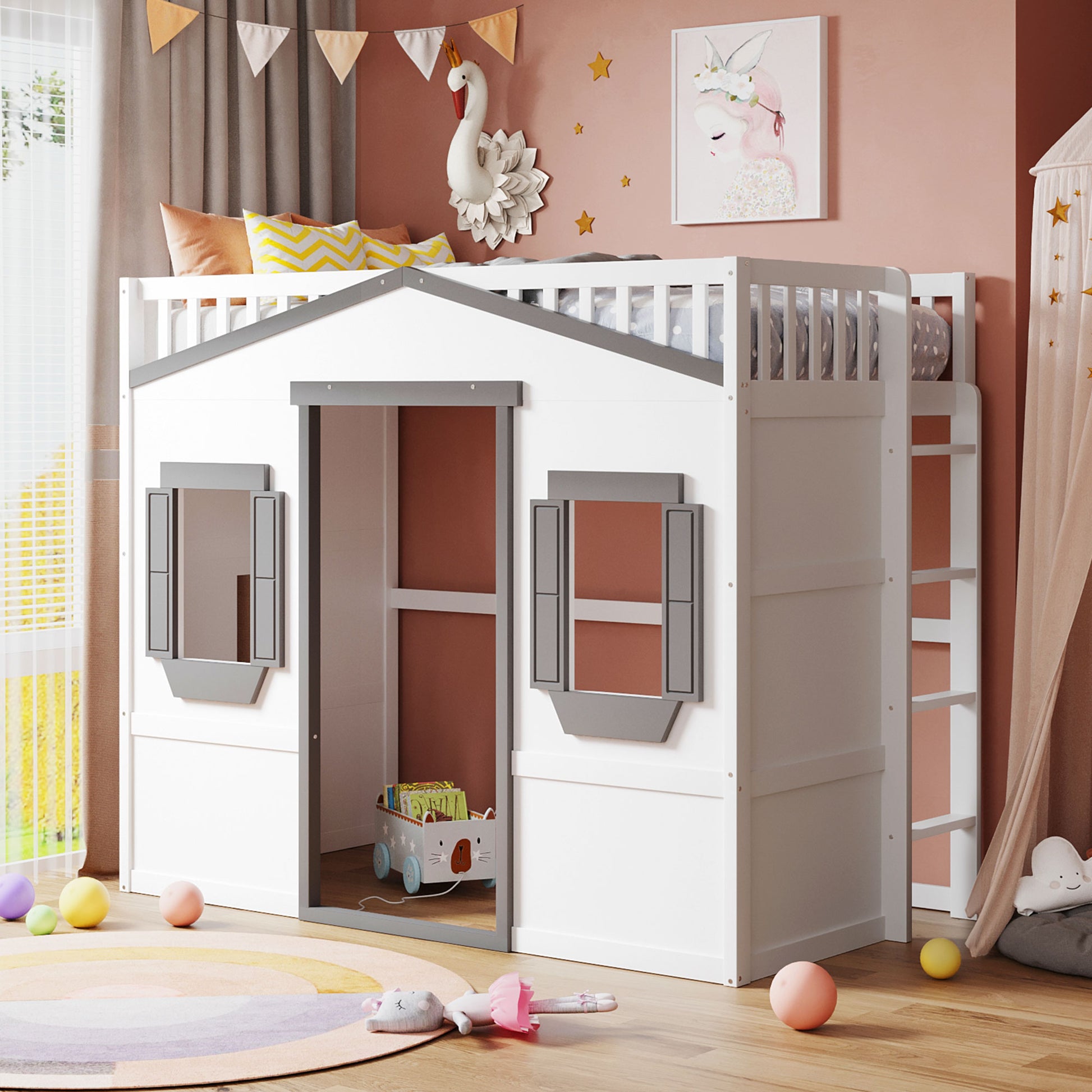 White and grey house loft bed with playful windows ideal for kids rooms