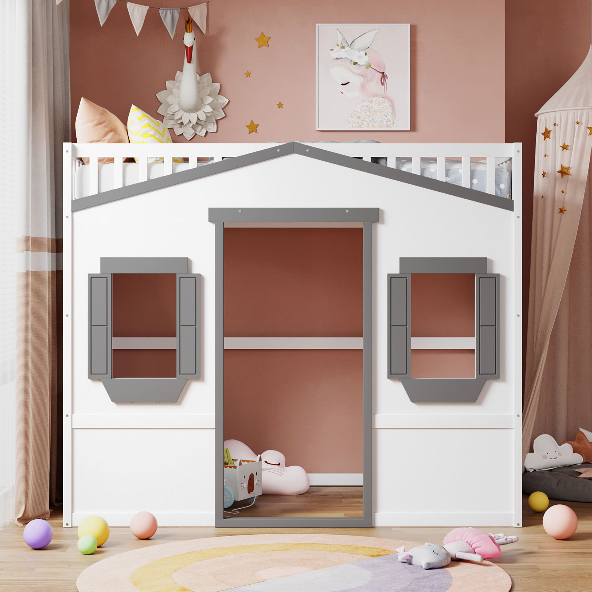 White wooden house bed with grey accents and shutters for a childs room