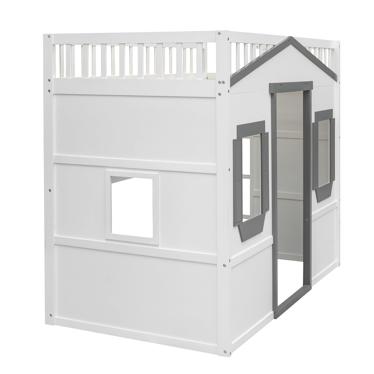 White wooden kids loft bed with houseshaped details and grey accents