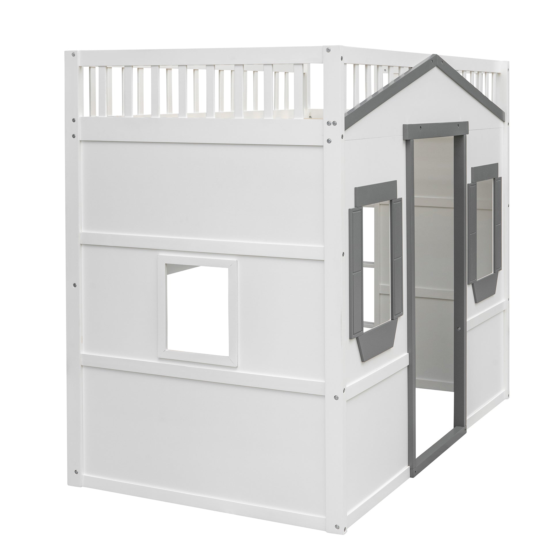 White wooden kids loft bed with houseshaped details and grey accents