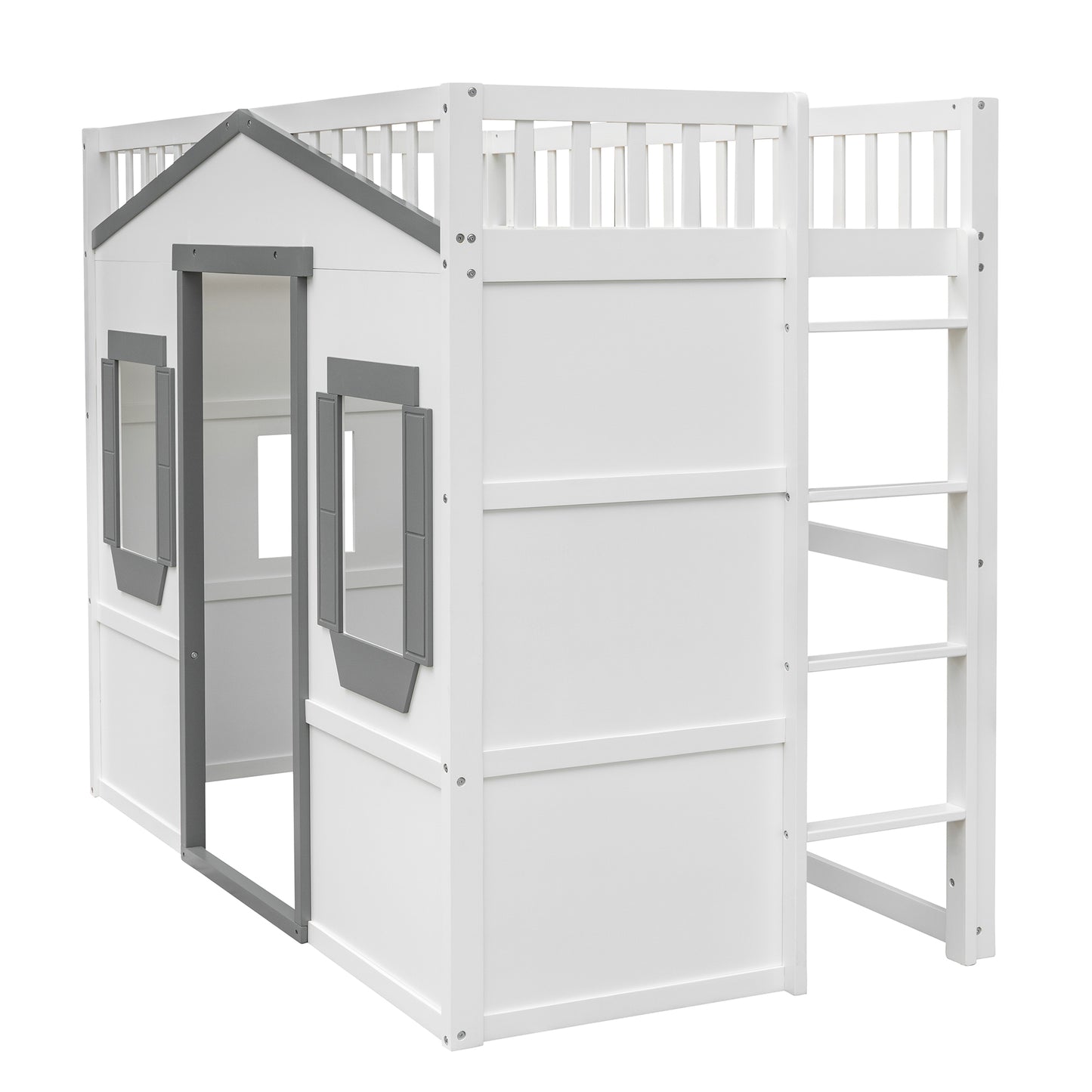 White wooden loft bed with house design and grey accents featuring a ladder for easy access