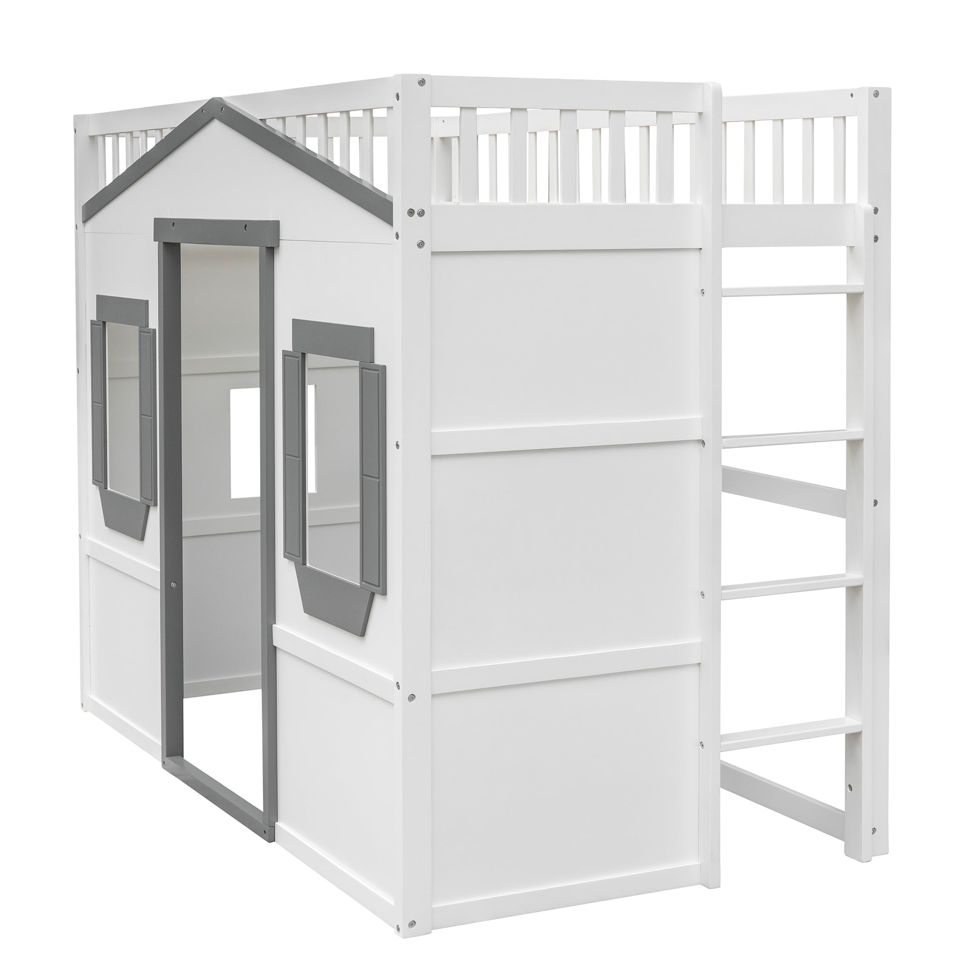 White wooden loft bed with house design and grey accents featuring a ladder for easy access