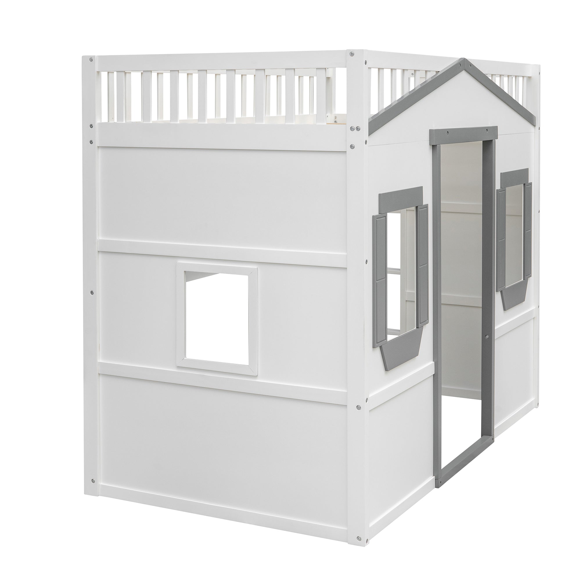 White wooden playhouse loft bed with grey trim and railing