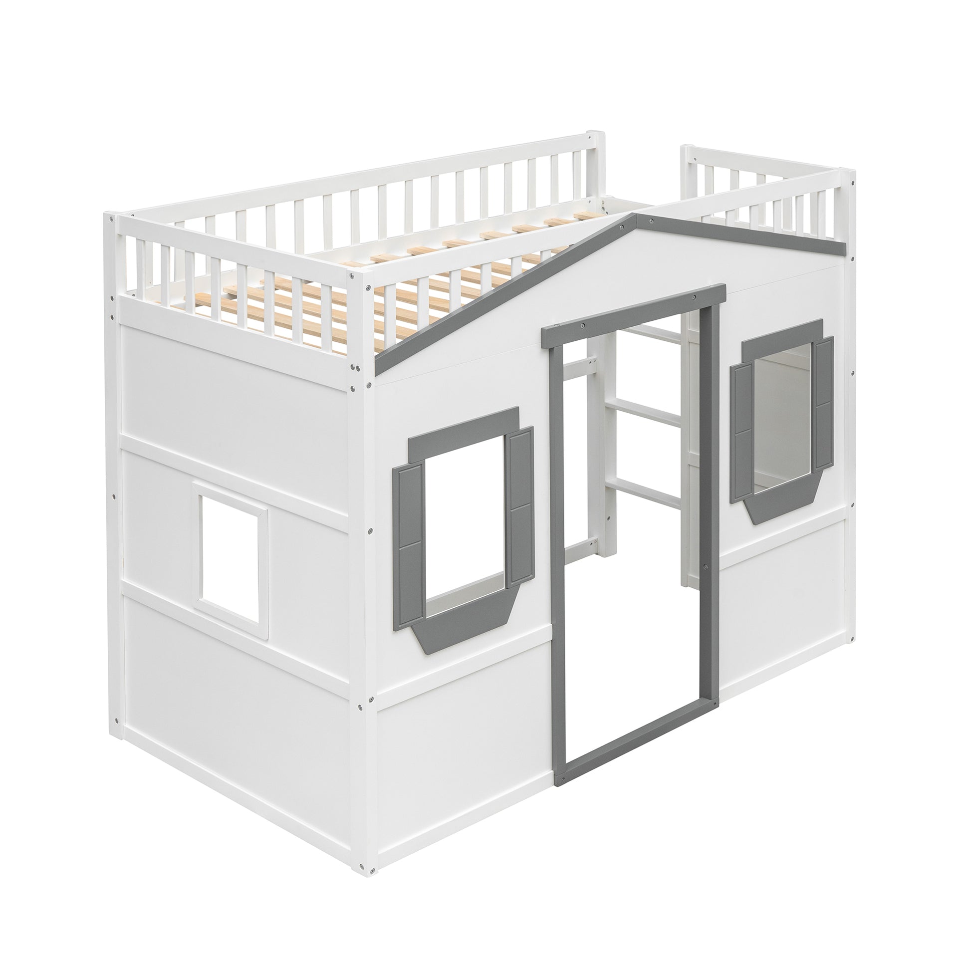 White wooden playhouse loft bed with grey accents for kids