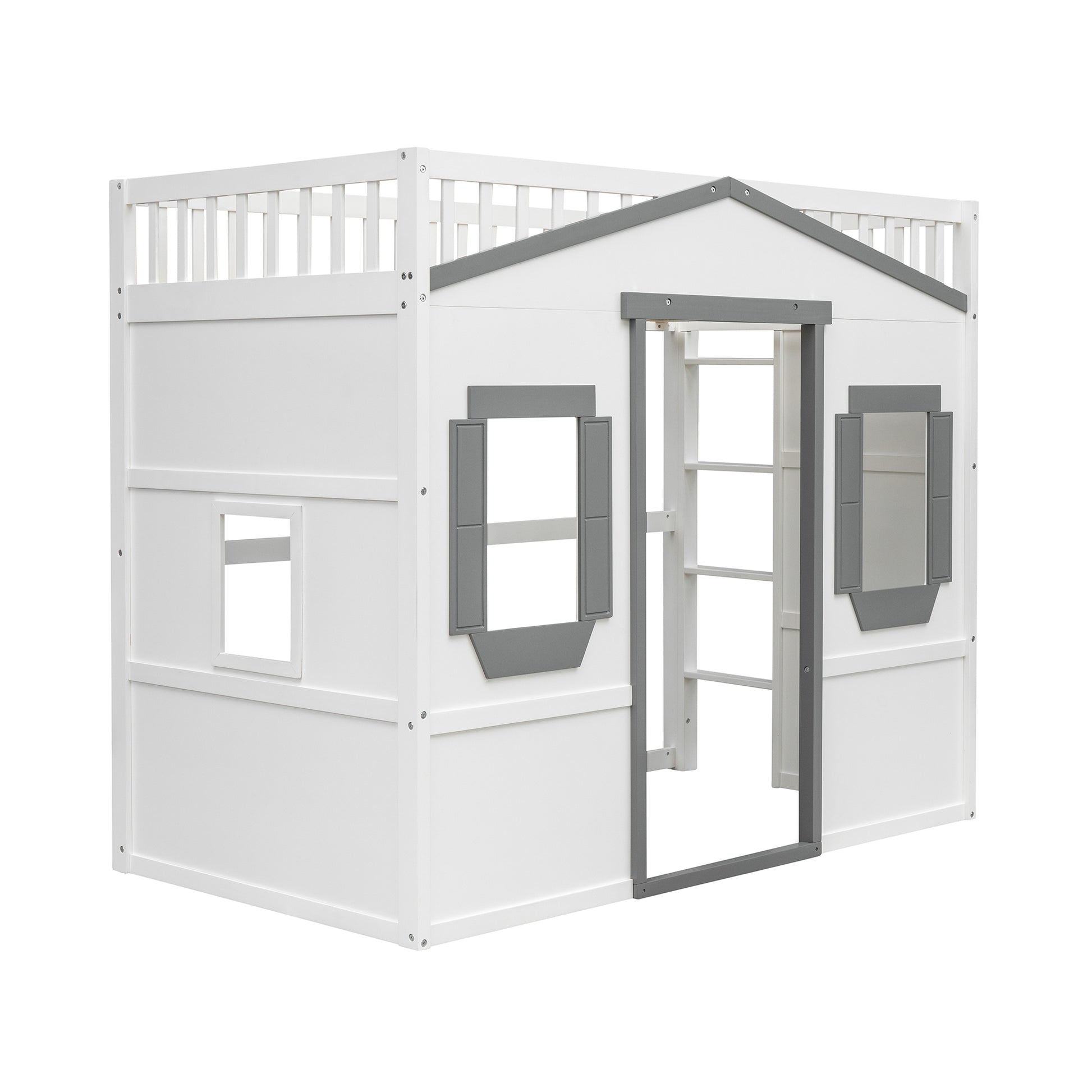 White wooden playhouse loft bed with gray accents and ladder
