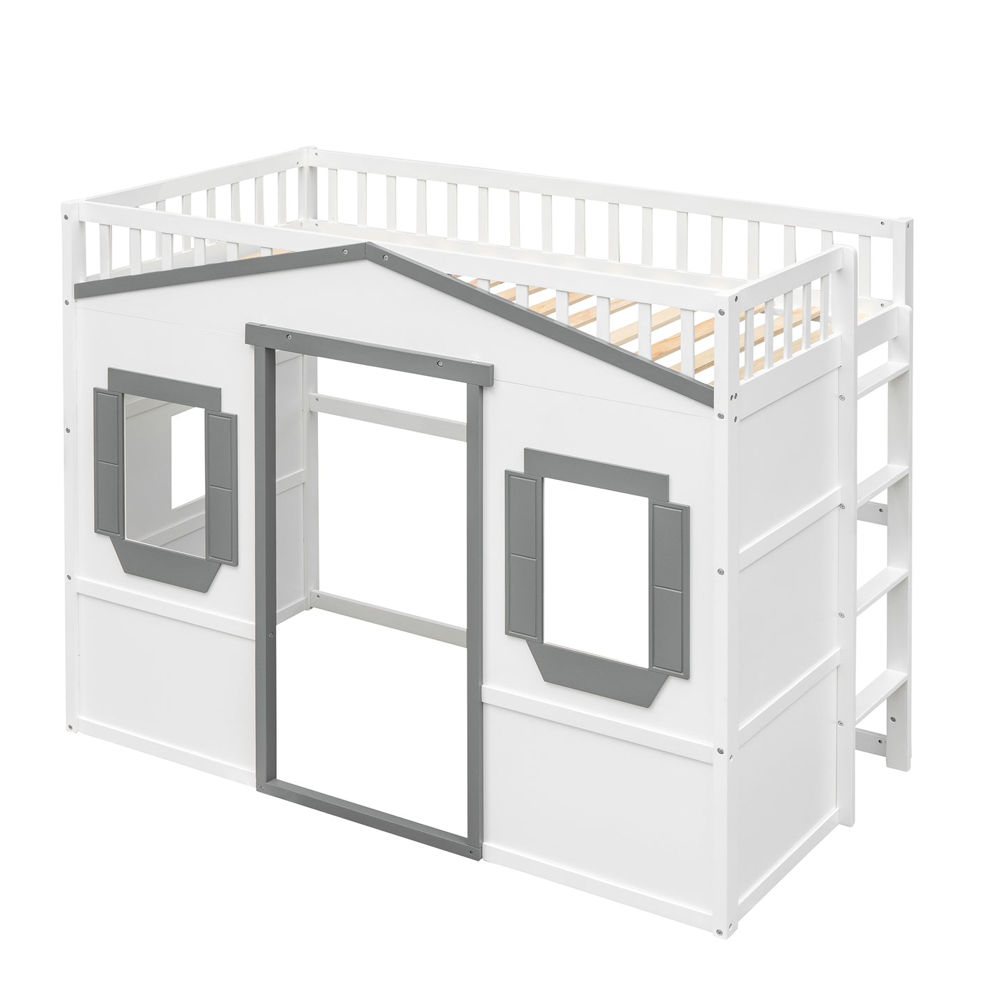 White wooden loft bed with grey accents and window details
