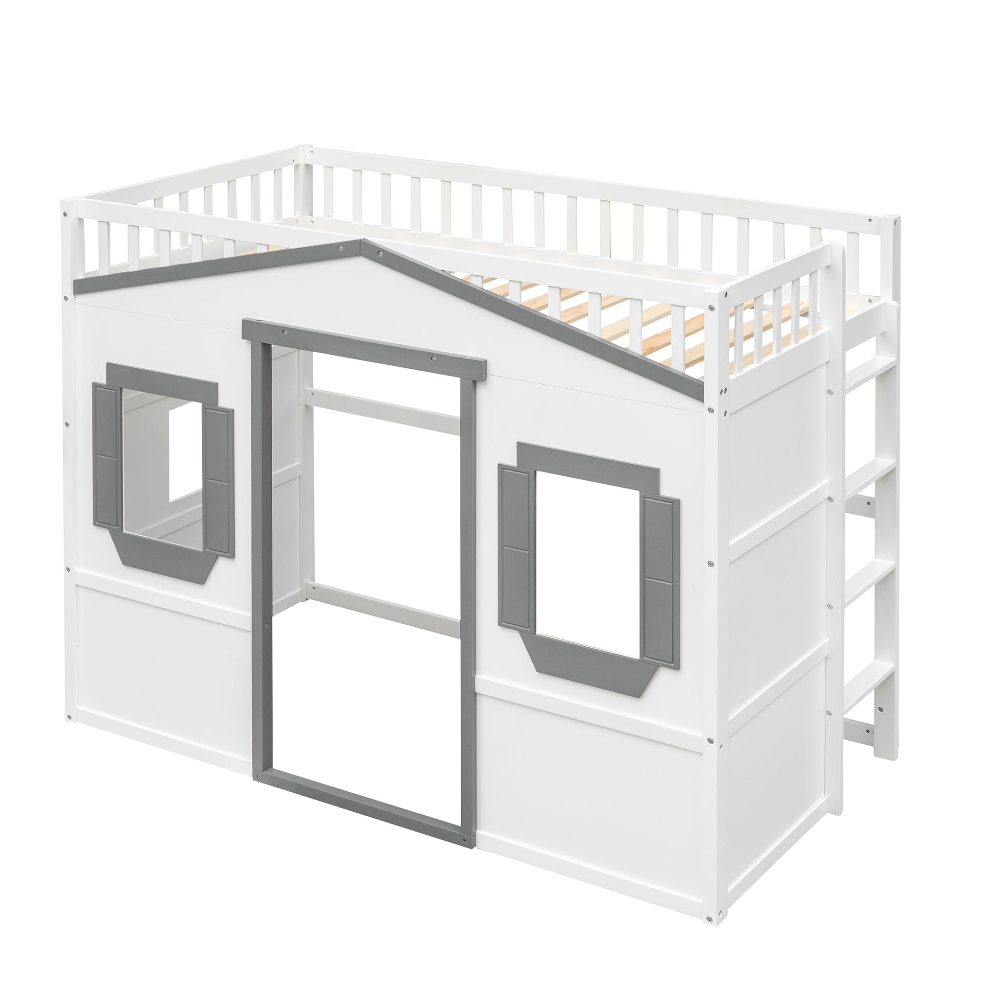 White wooden loft bed with grey accents and window details