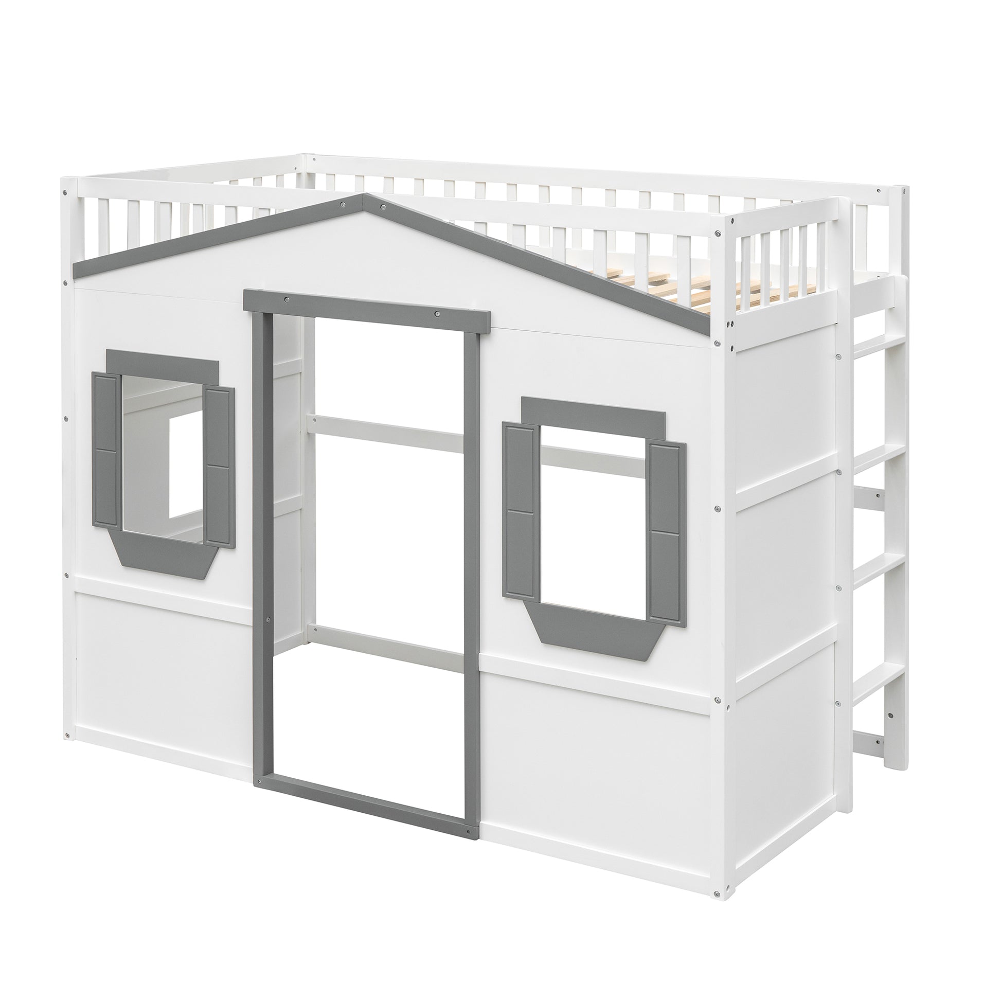 White wooden house loft bed with gray accents and ladder