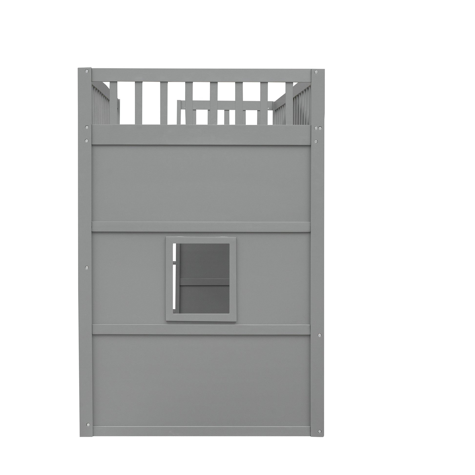 Gray wooden loft bed side panel with window