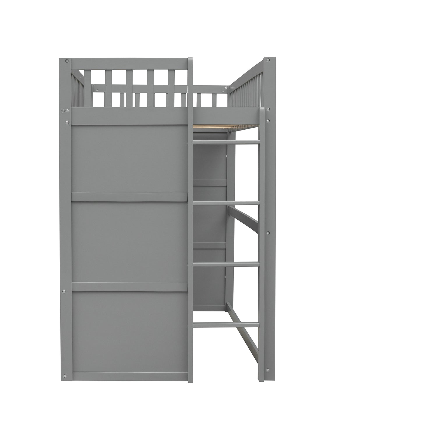 Gray wooden loft bed with ladder and safety rails