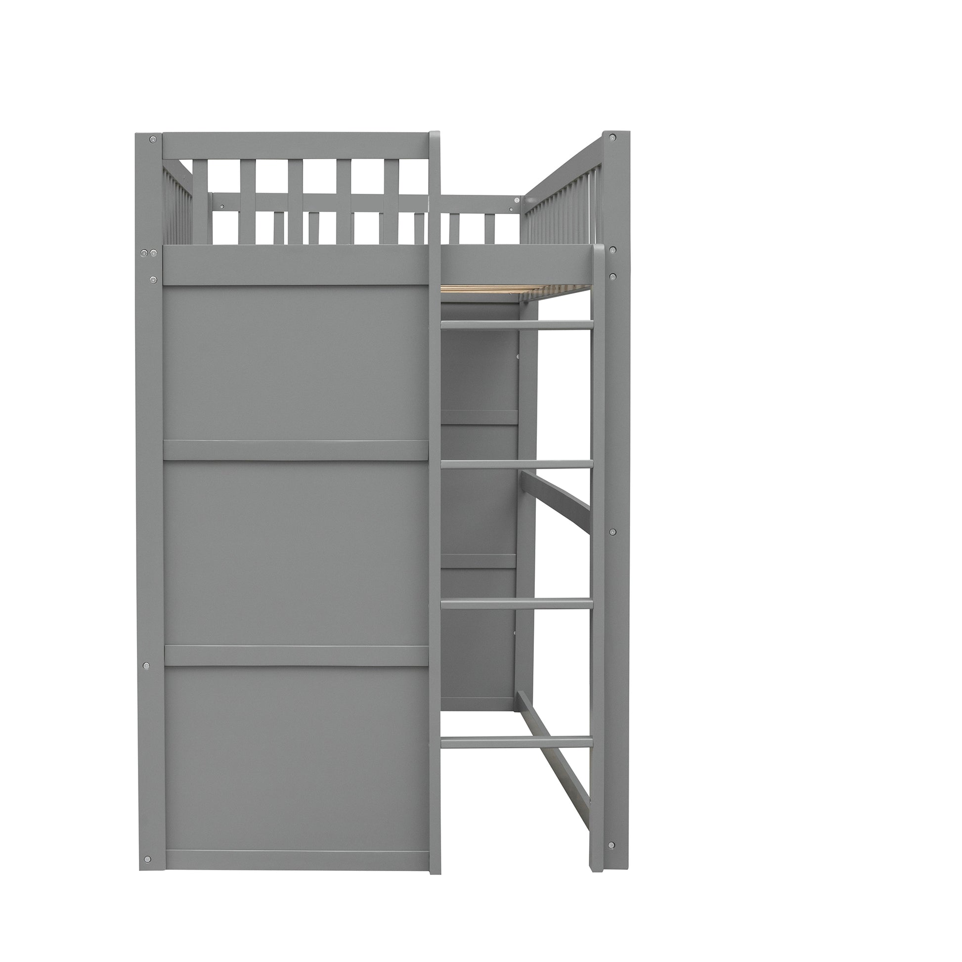 Gray wooden loft bed with ladder and safety rails