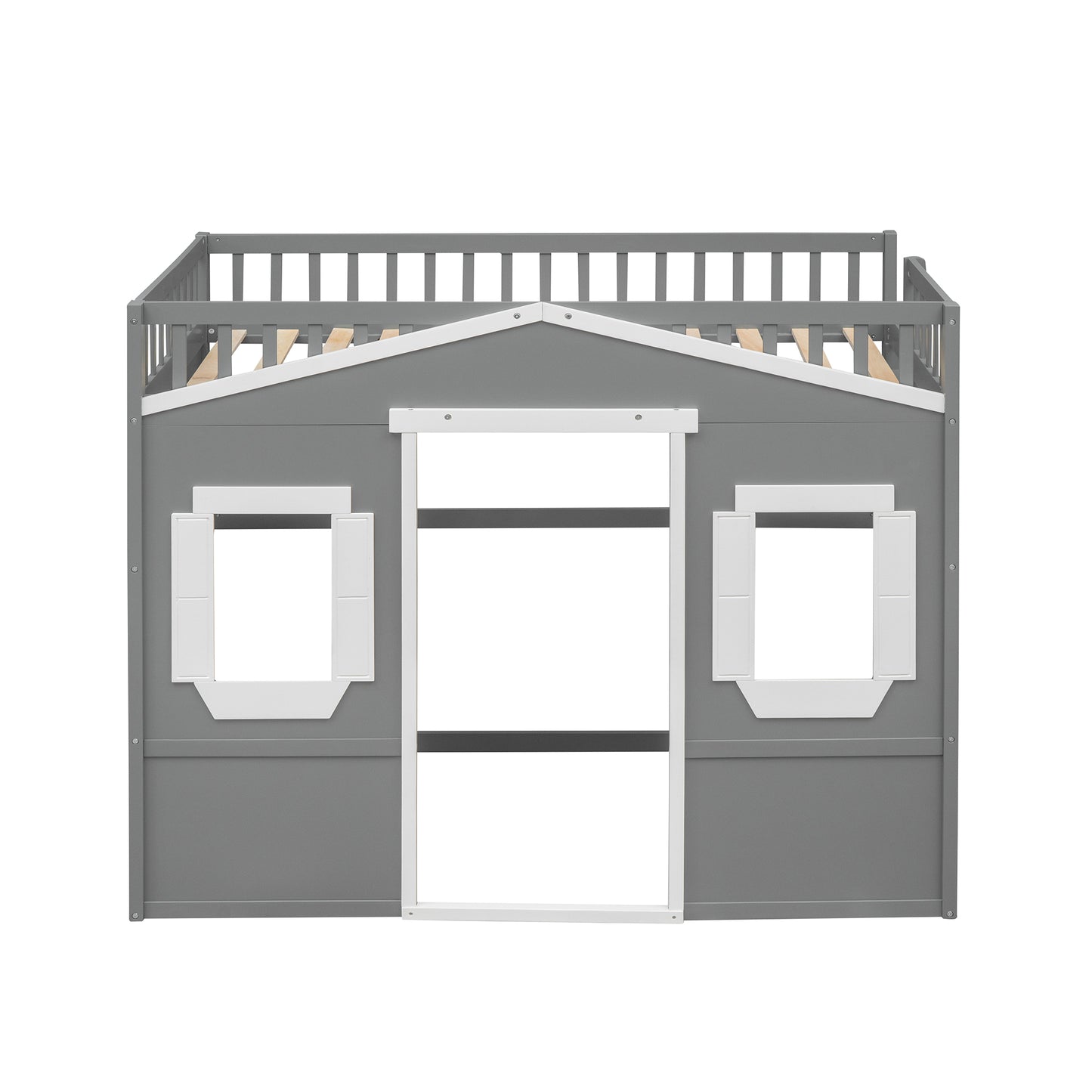 Gray wood loft bed with house frame two windows and a door opening