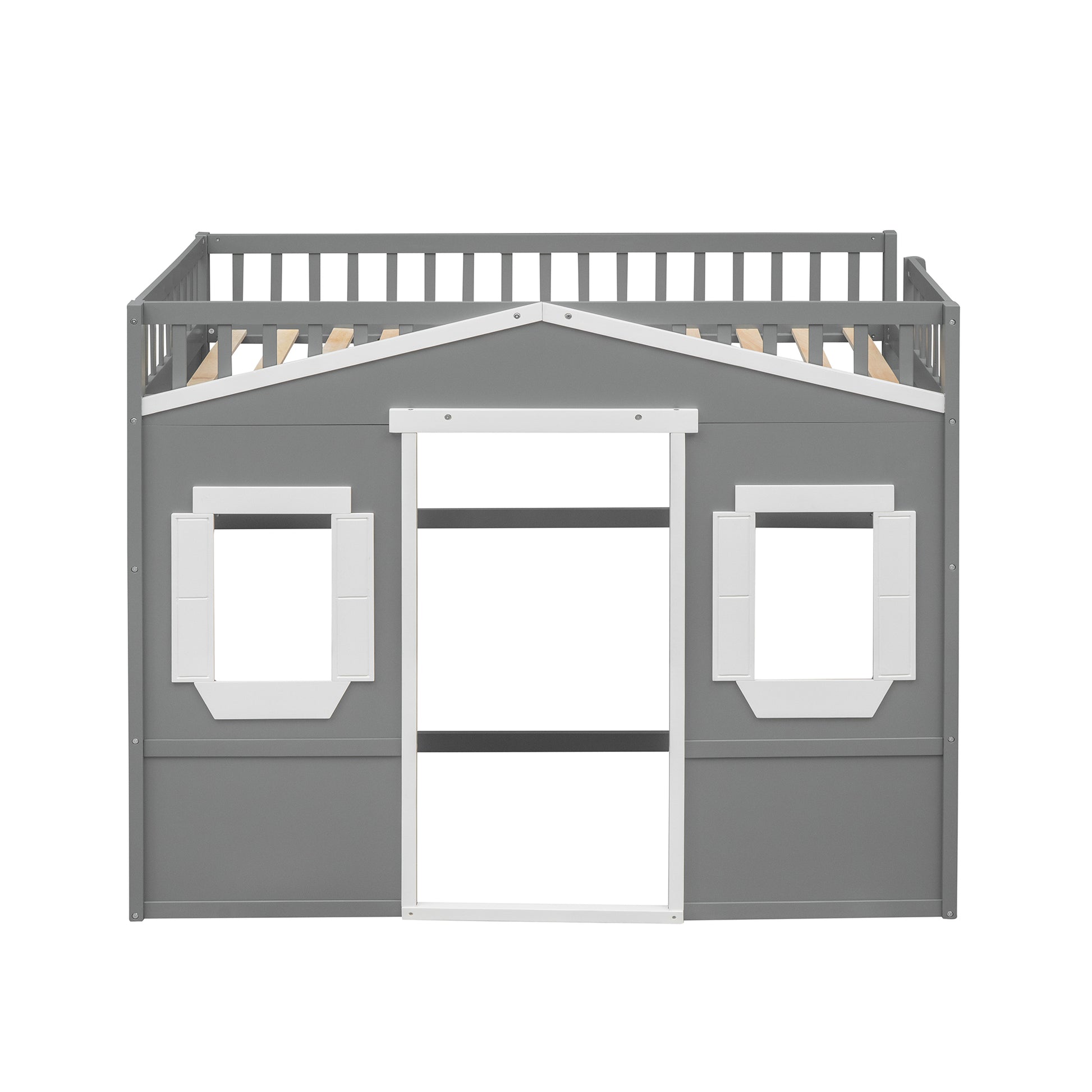 Gray wood loft bed with house frame two windows and a door opening