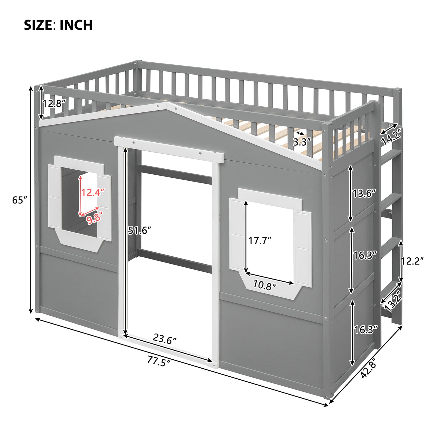 Gray wooden house loft bed for kids showing overall dimensions and window sizes for play