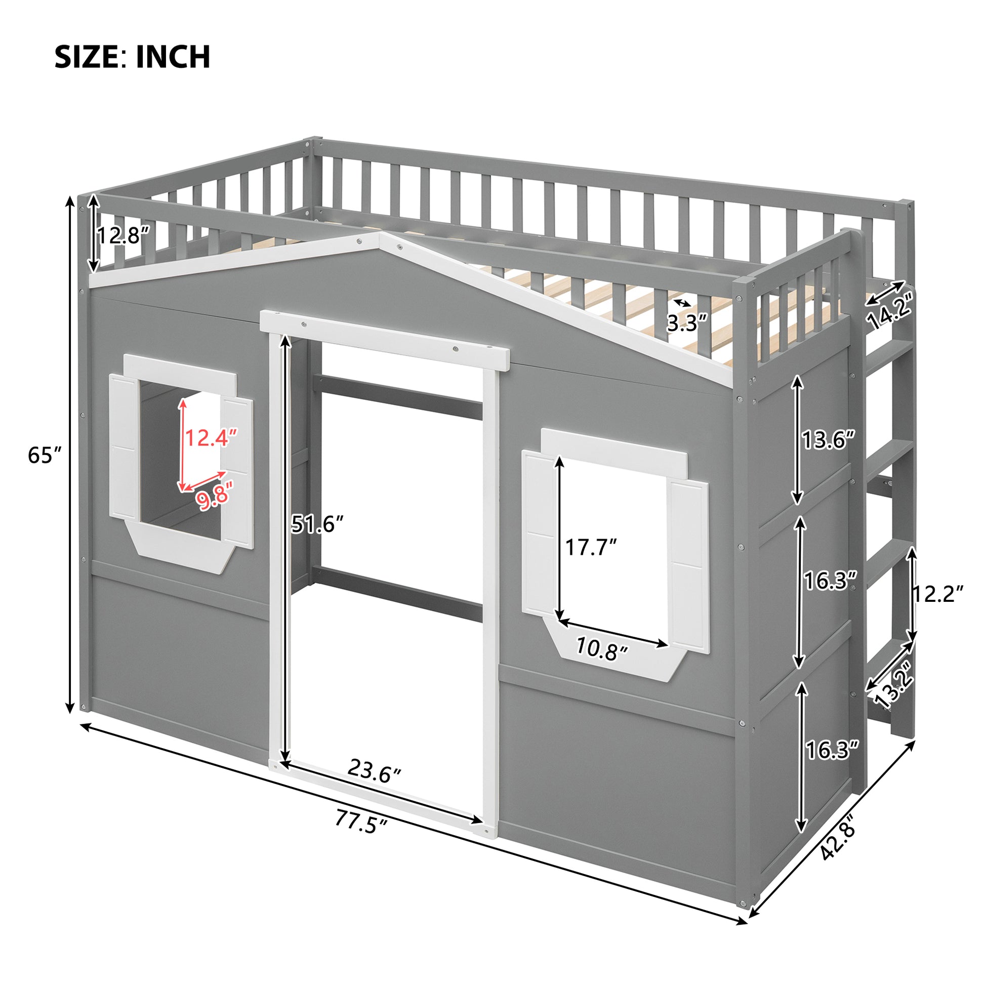 Gray wooden house loft bed for kids showing overall dimensions and window sizes for play
