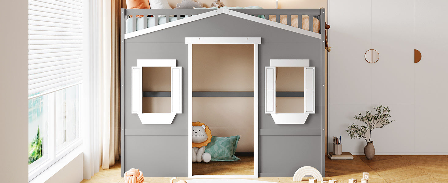 Gray wooden loft bed designed as a house with white trim and two window cutouts