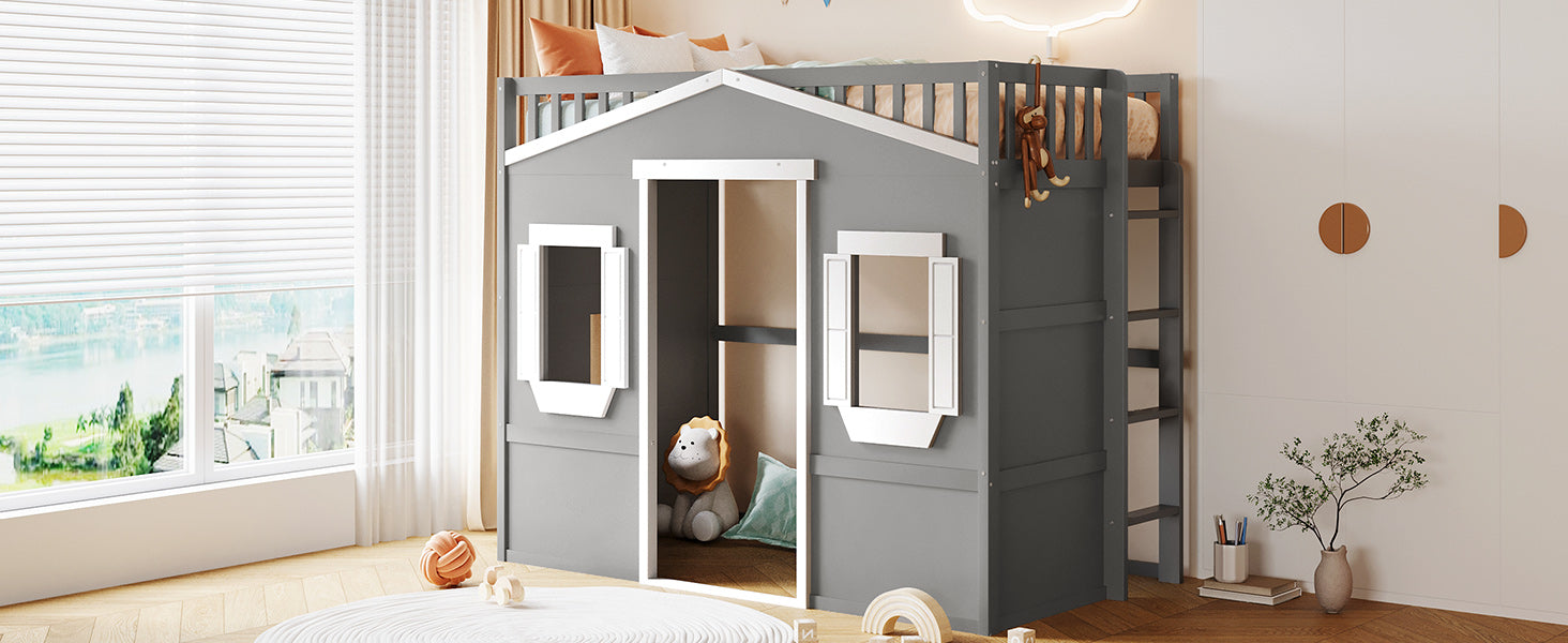 Gray wooden loft bed with playhouse design and ladder